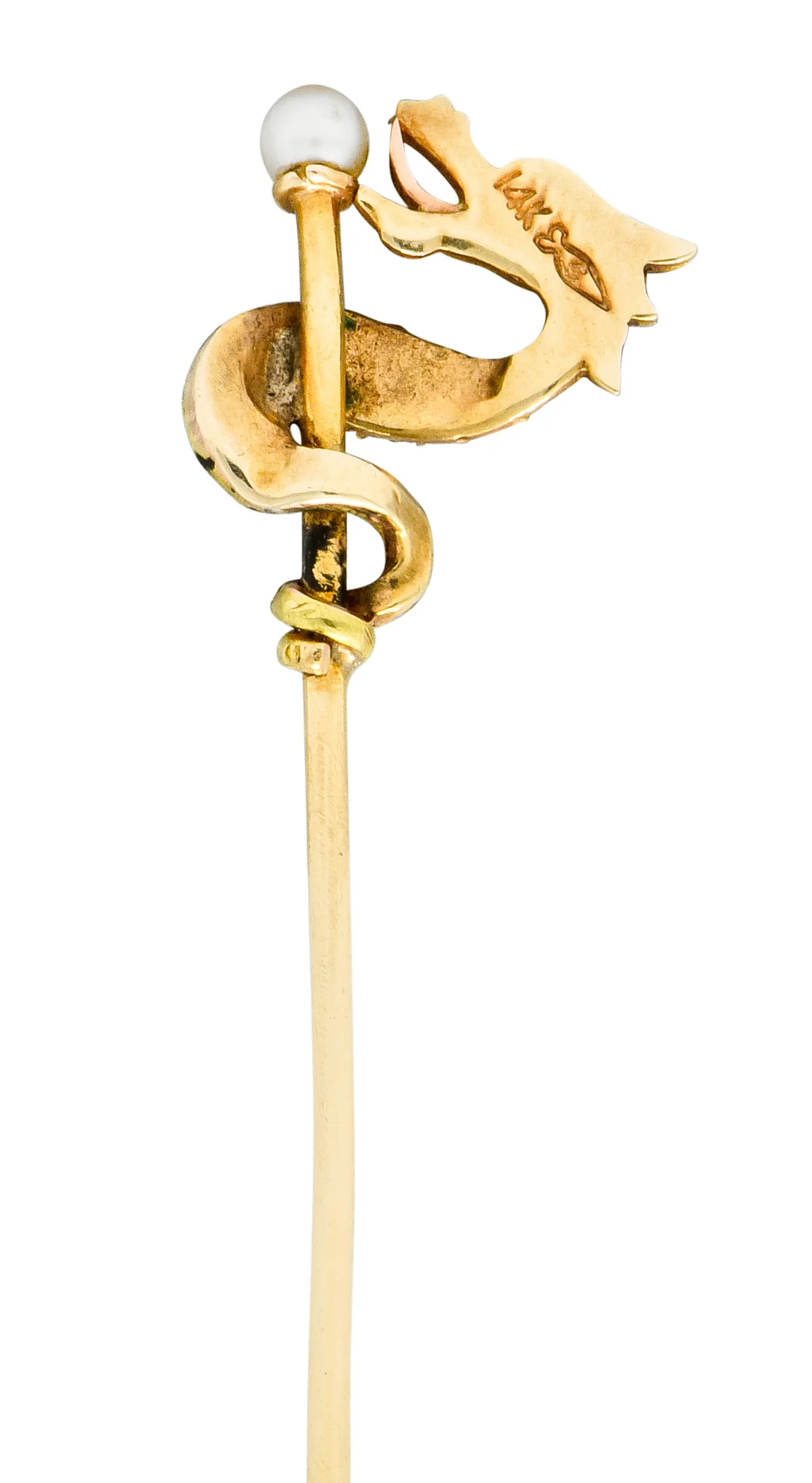 Carter & Gough Art Nouveau Pearl 14 Karat Tri-Colored Gold Winding Serpent Stickpin - Image 4