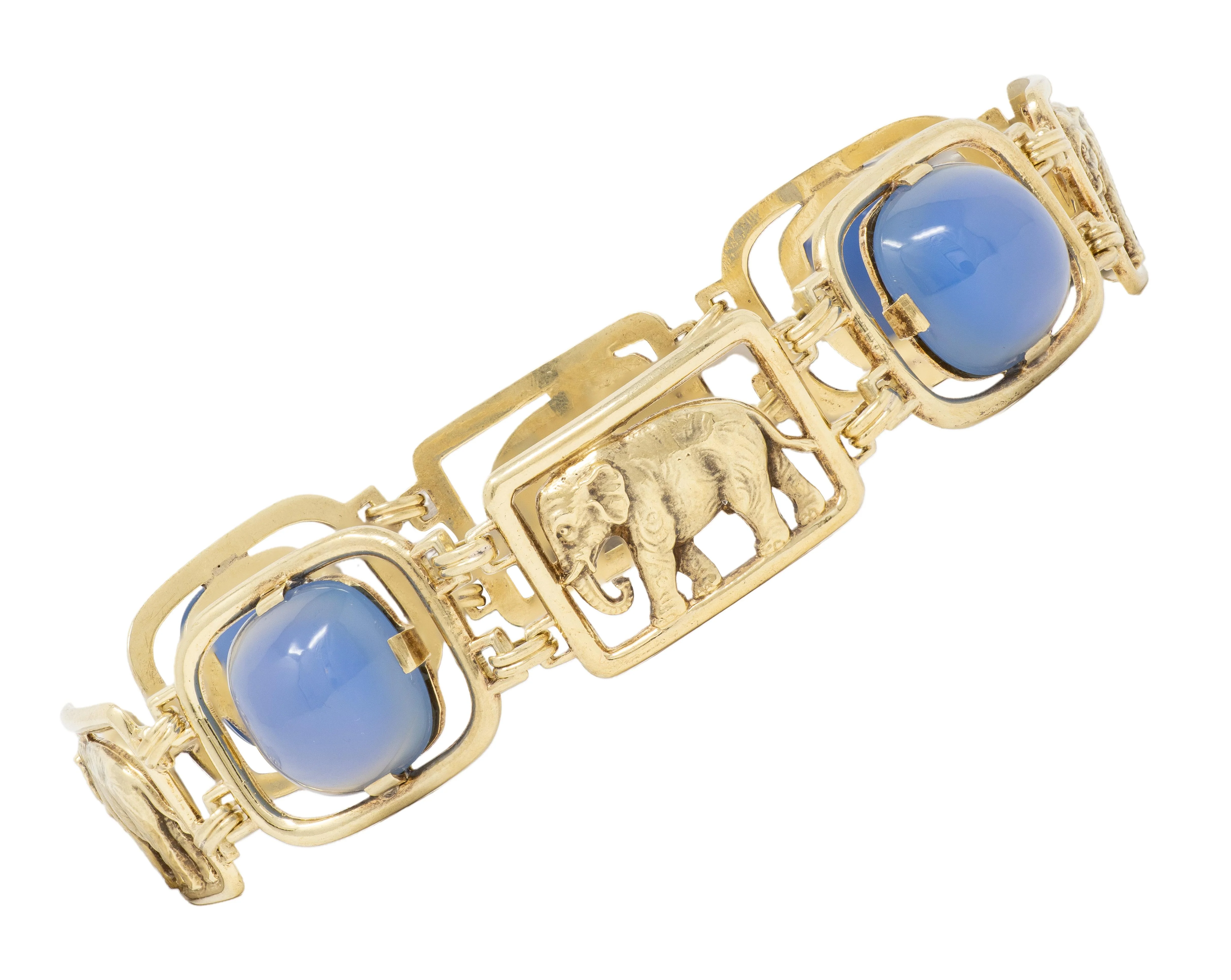 Carter Gough & Co. Art Deco Blue Chalcedony 14 Karat Yellow Gold Vintage Elephant Bracelet