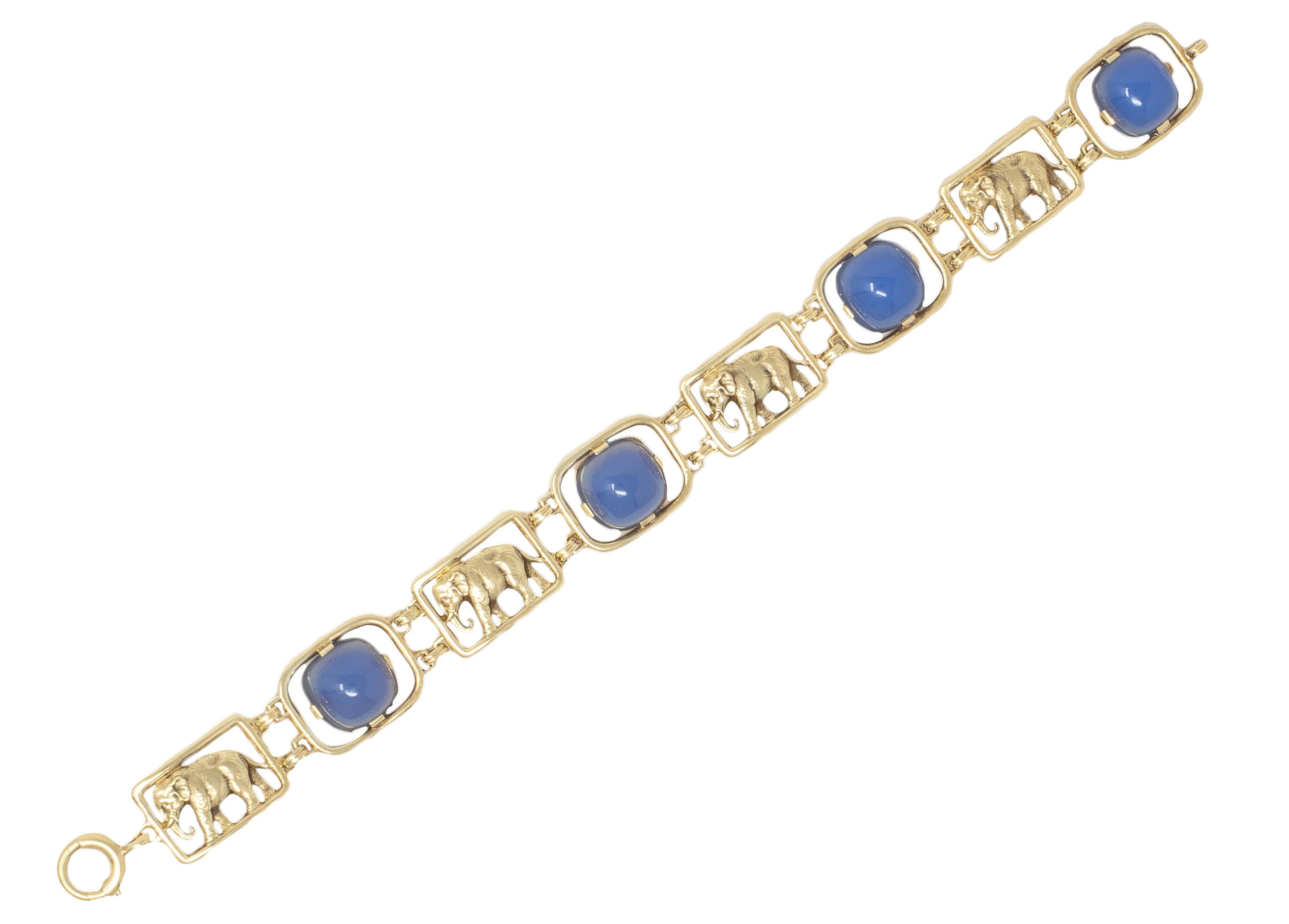 Carter Gough & Co. Art Deco Blue Chalcedony 14 Karat Yellow Gold Vintage Elephant Bracelet - Image 3