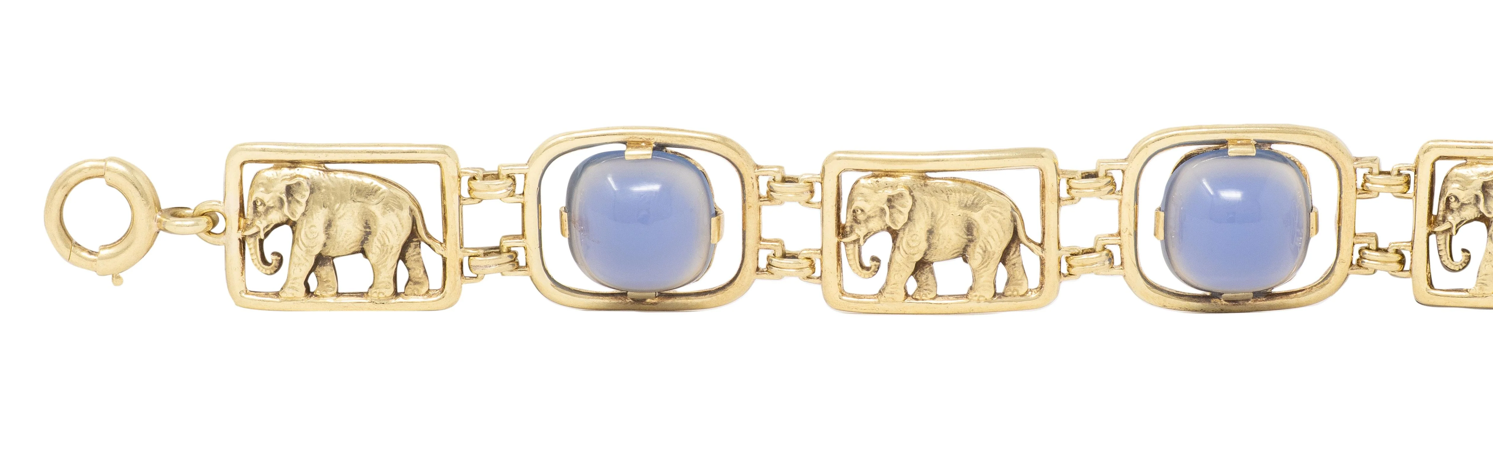 Carter Gough & Co. Art Deco Blue Chalcedony 14 Karat Yellow Gold Vintage Elephant Bracelet - Image 4