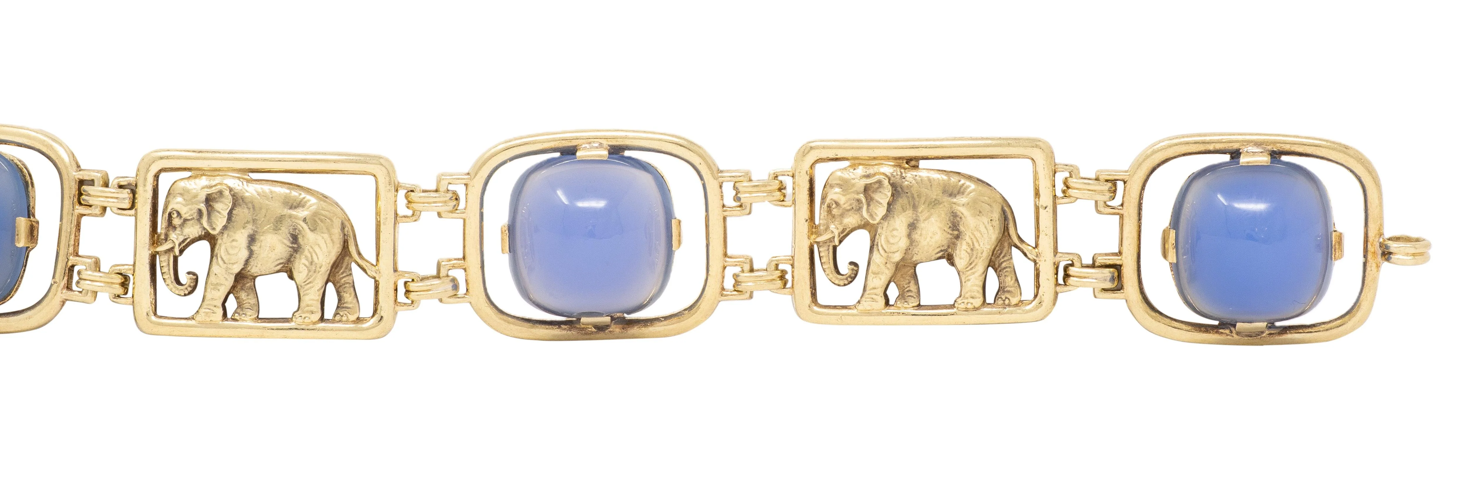 Carter Gough & Co. Art Deco Blue Chalcedony 14 Karat Yellow Gold Vintage Elephant Bracelet - Image 5