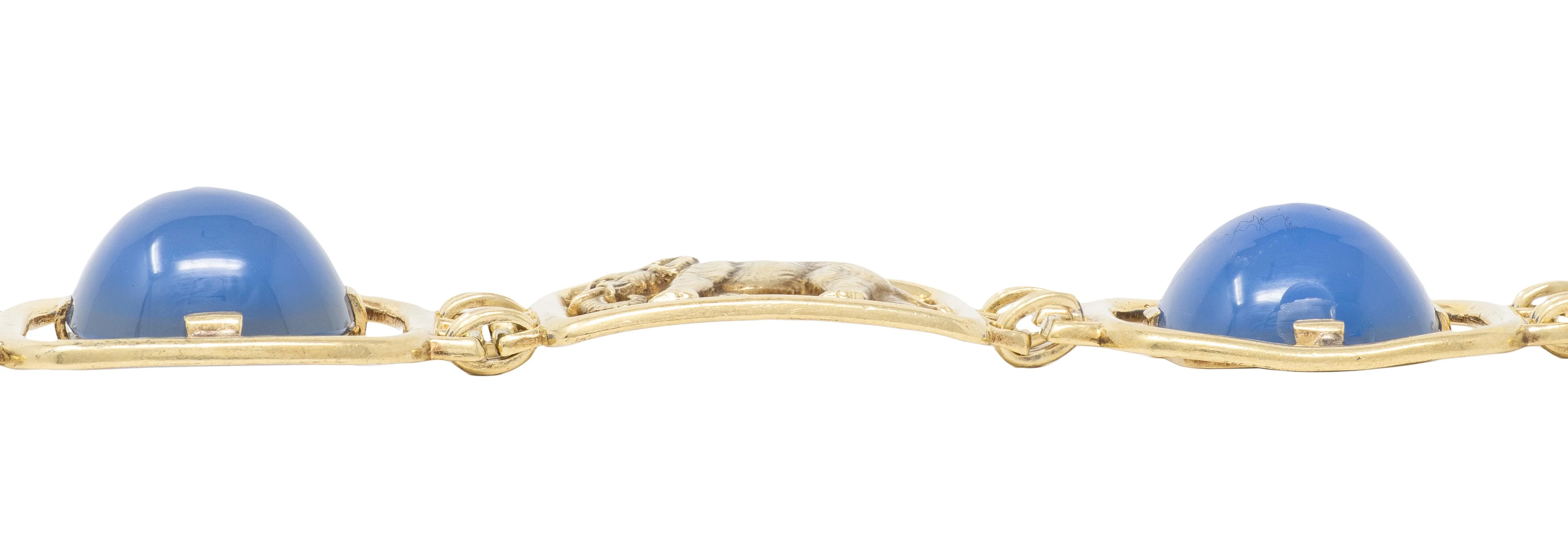 Carter Gough & Co. Art Deco Blue Chalcedony 14 Karat Yellow Gold Vintage Elephant Bracelet - Image 6