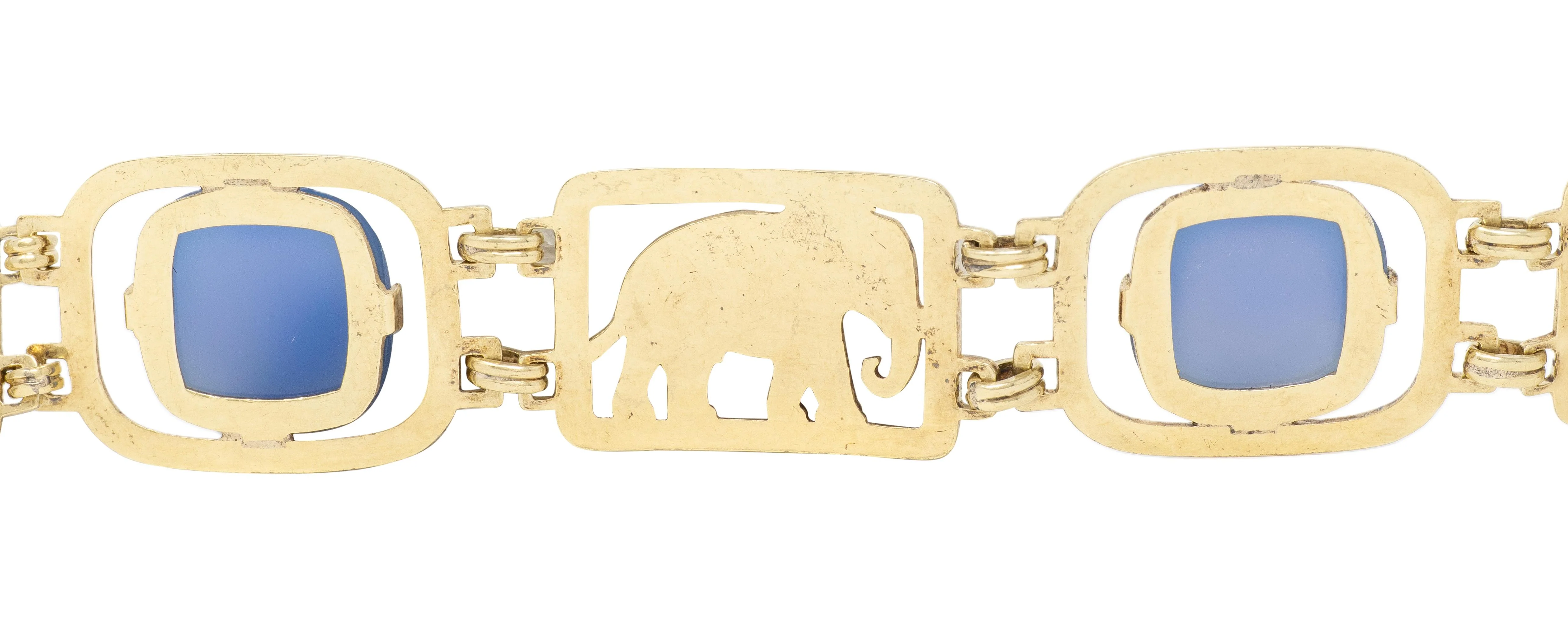 Carter Gough & Co. Art Deco Blue Chalcedony 14 Karat Yellow Gold Vintage Elephant Bracelet - Image 7