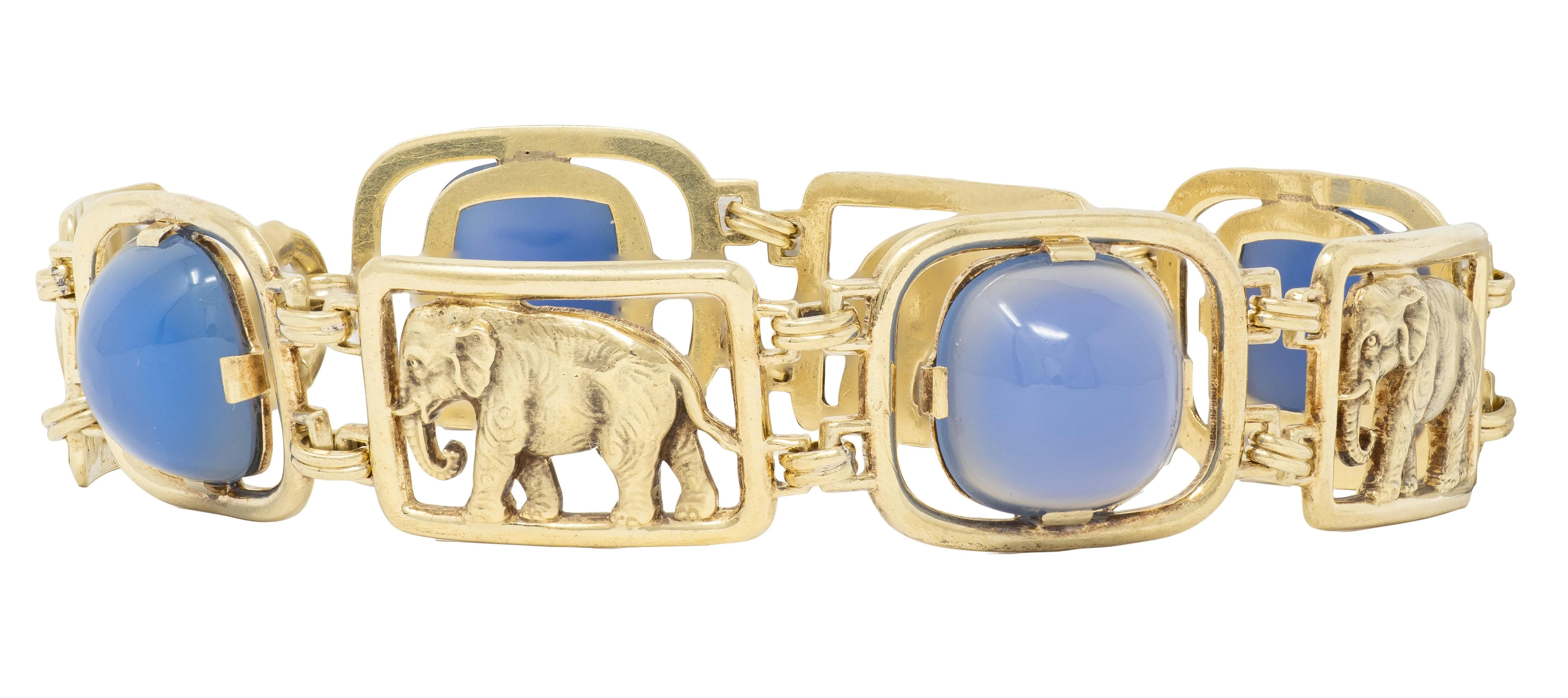 Carter Gough & Co. Art Deco Blue Chalcedony 14 Karat Yellow Gold Vintage Elephant Bracelet - Image 9