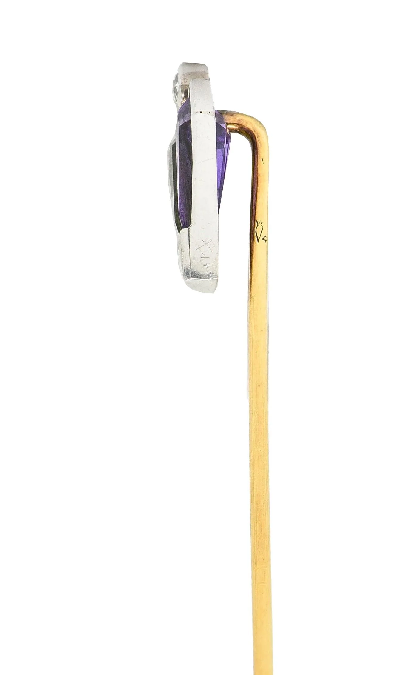 Carter Gough & Co. Art Deco Diamond Amethyst Tourmaline Platinum 14 Karat Gold Antique Stickpin - Image 3