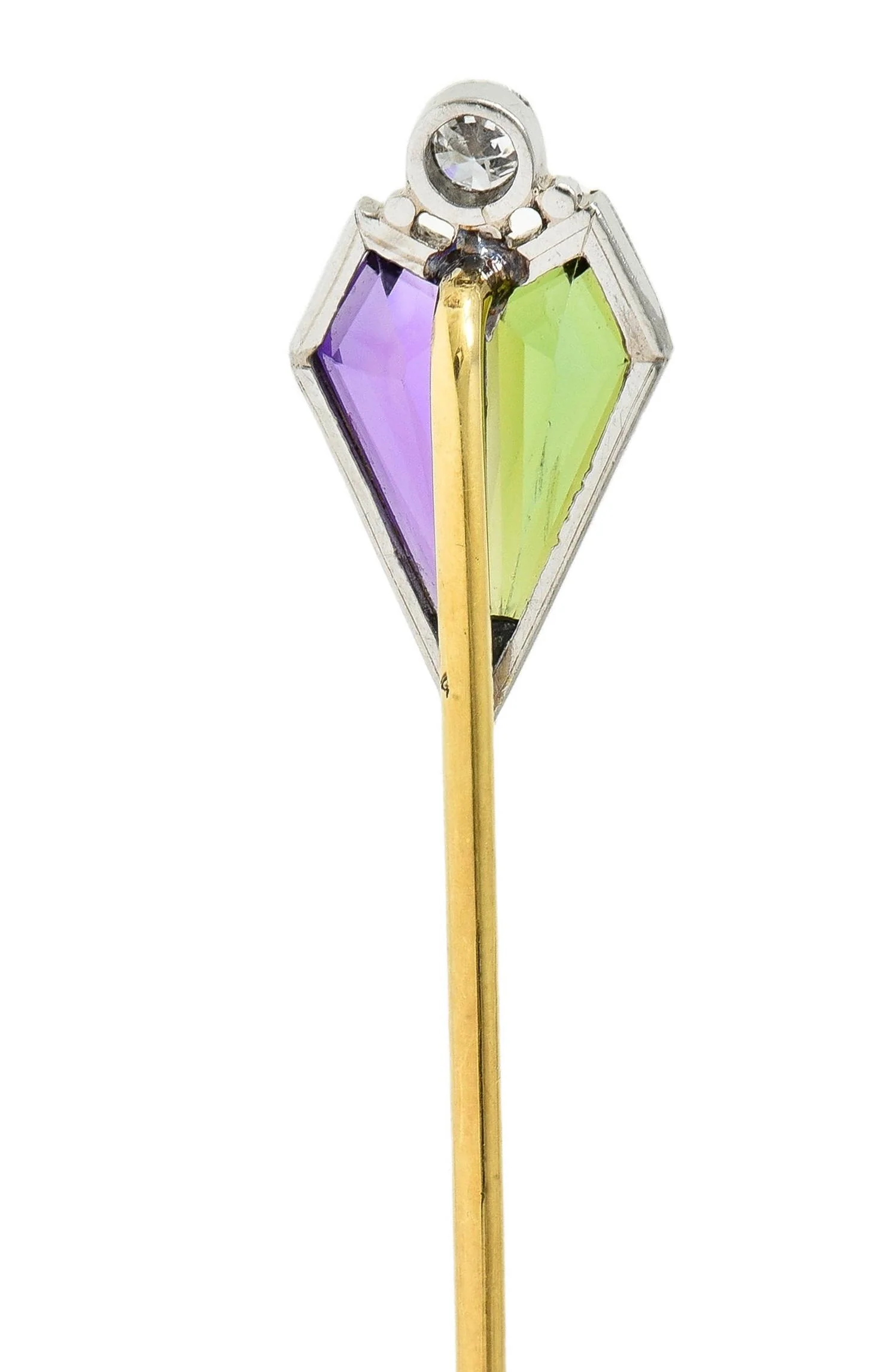 Carter Gough & Co. Art Deco Diamond Amethyst Tourmaline Platinum 14 Karat Gold Antique Stickpin - Image 4