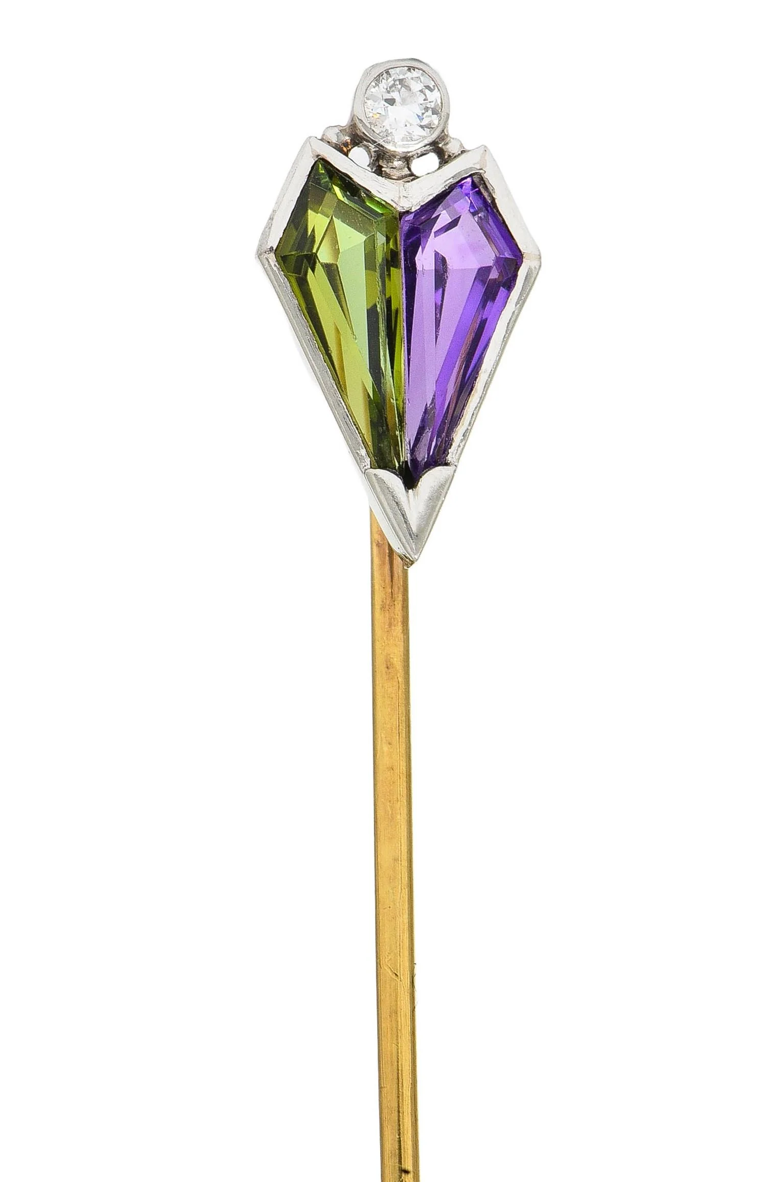 Carter Gough & Co. Art Deco Diamond Amethyst Tourmaline Platinum 14 Karat Gold Antique Stickpin - Image 7