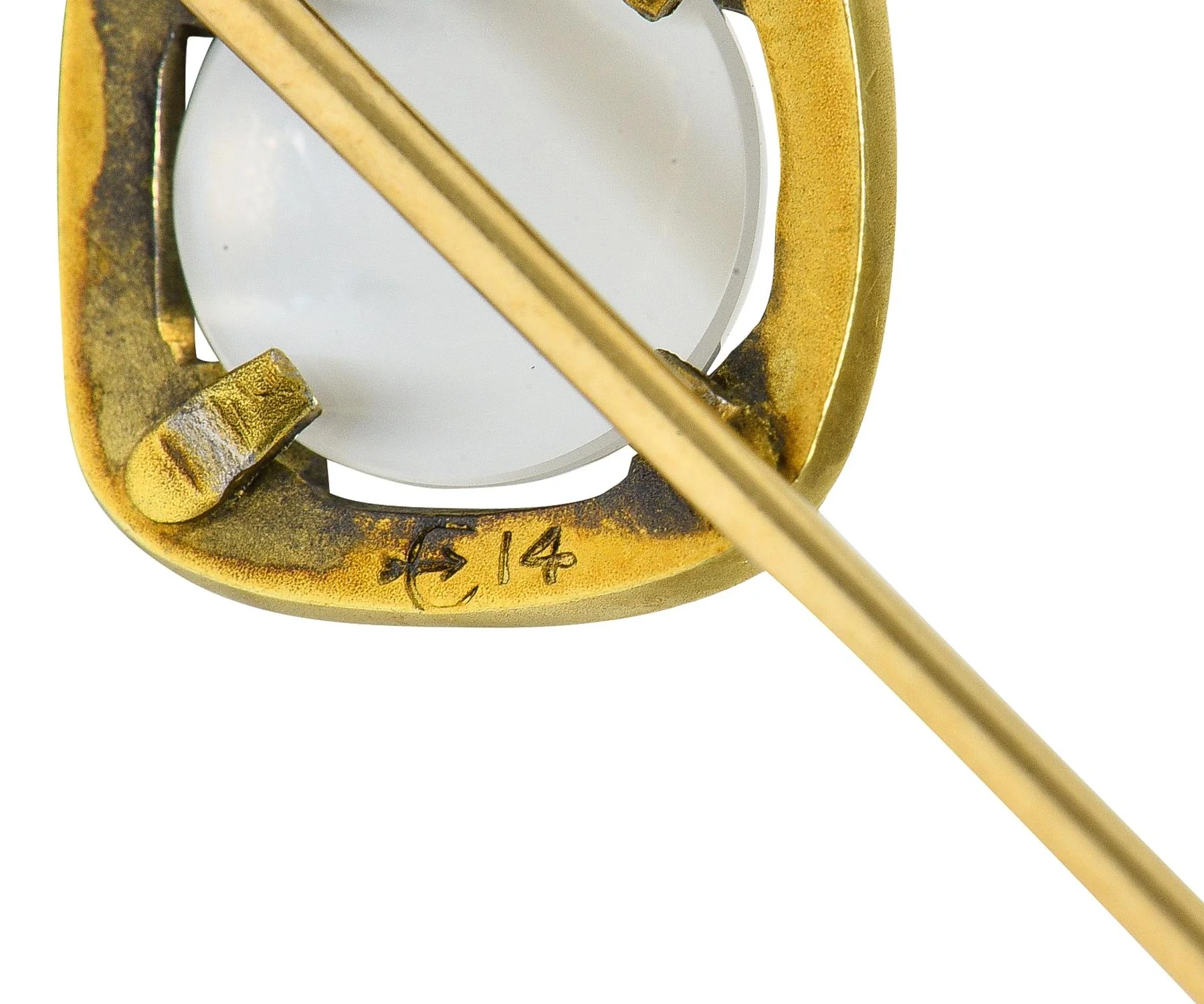 Carter Gough & Co. Art Nouveau Moonstone Enamel 14 Karat Yellow Gold Antique Scrolling Stickpin - Image 6