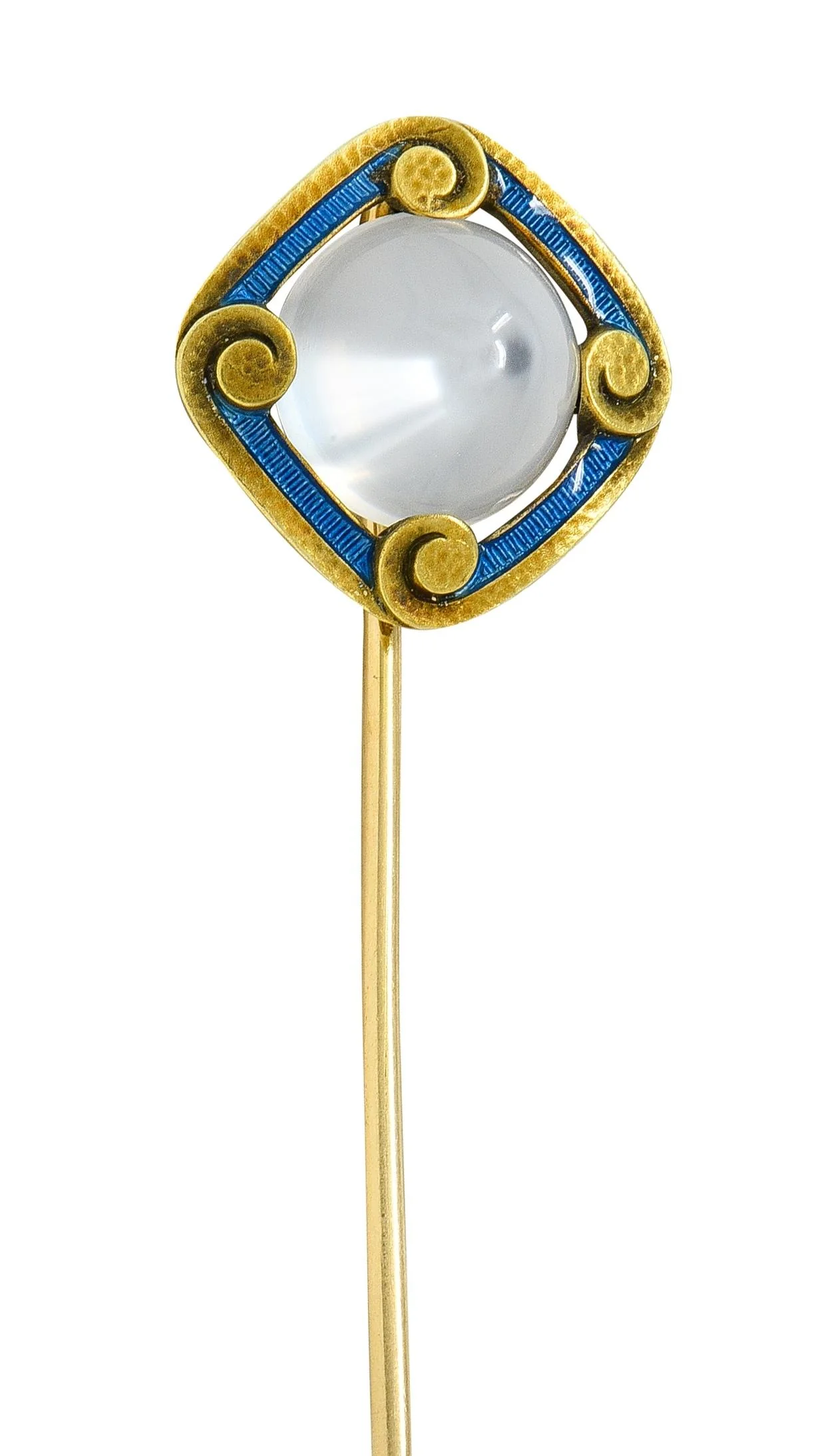 Carter Gough & Co. Art Nouveau Moonstone Enamel 14 Karat Yellow Gold Antique Scrolling Stickpin - Image 7