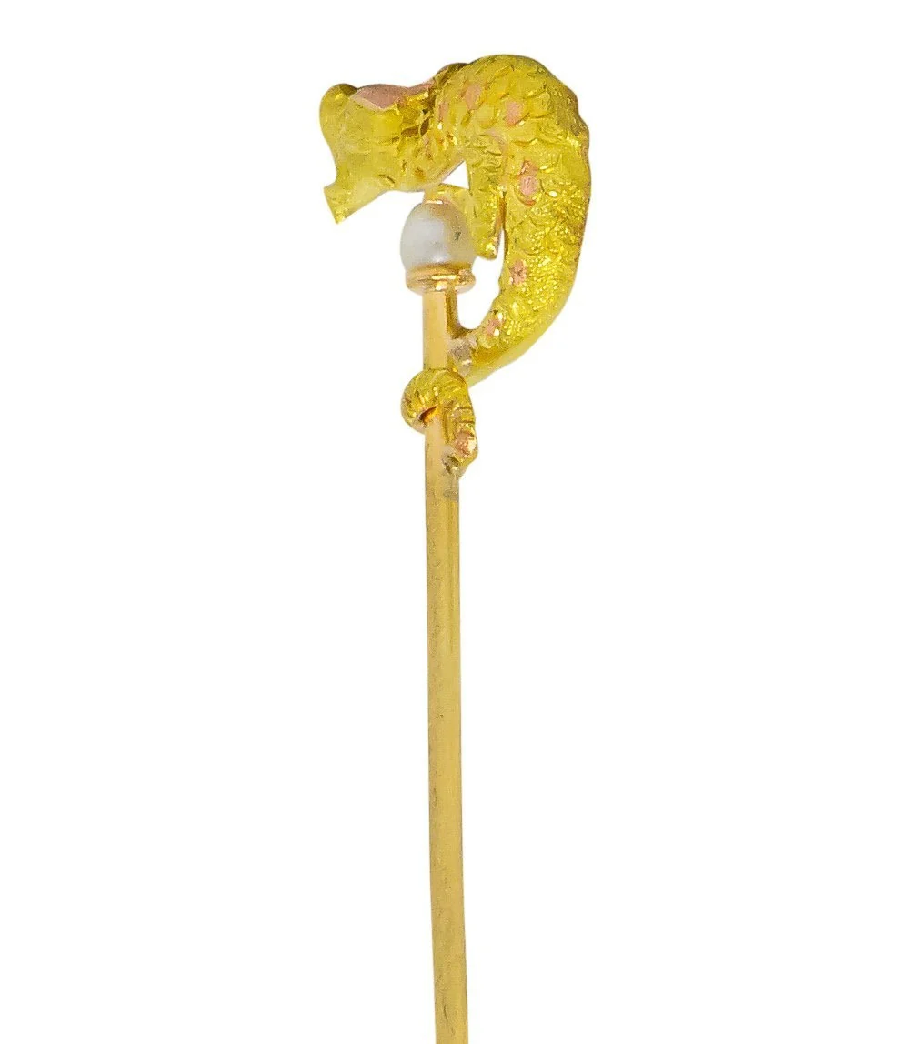 Carter Gough & Co. Art Nouveau Pearl 14 Karat Tri-Colored Gold Dragon Stickpin - Image 3