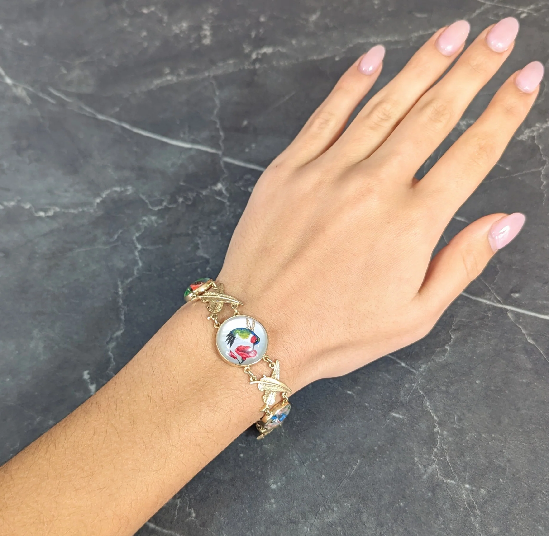 Carter Gough Essex Crystal Quartz 14 Karat Yellow Gold Feather Bird Themed Vintage Link Bracelet - Image 13