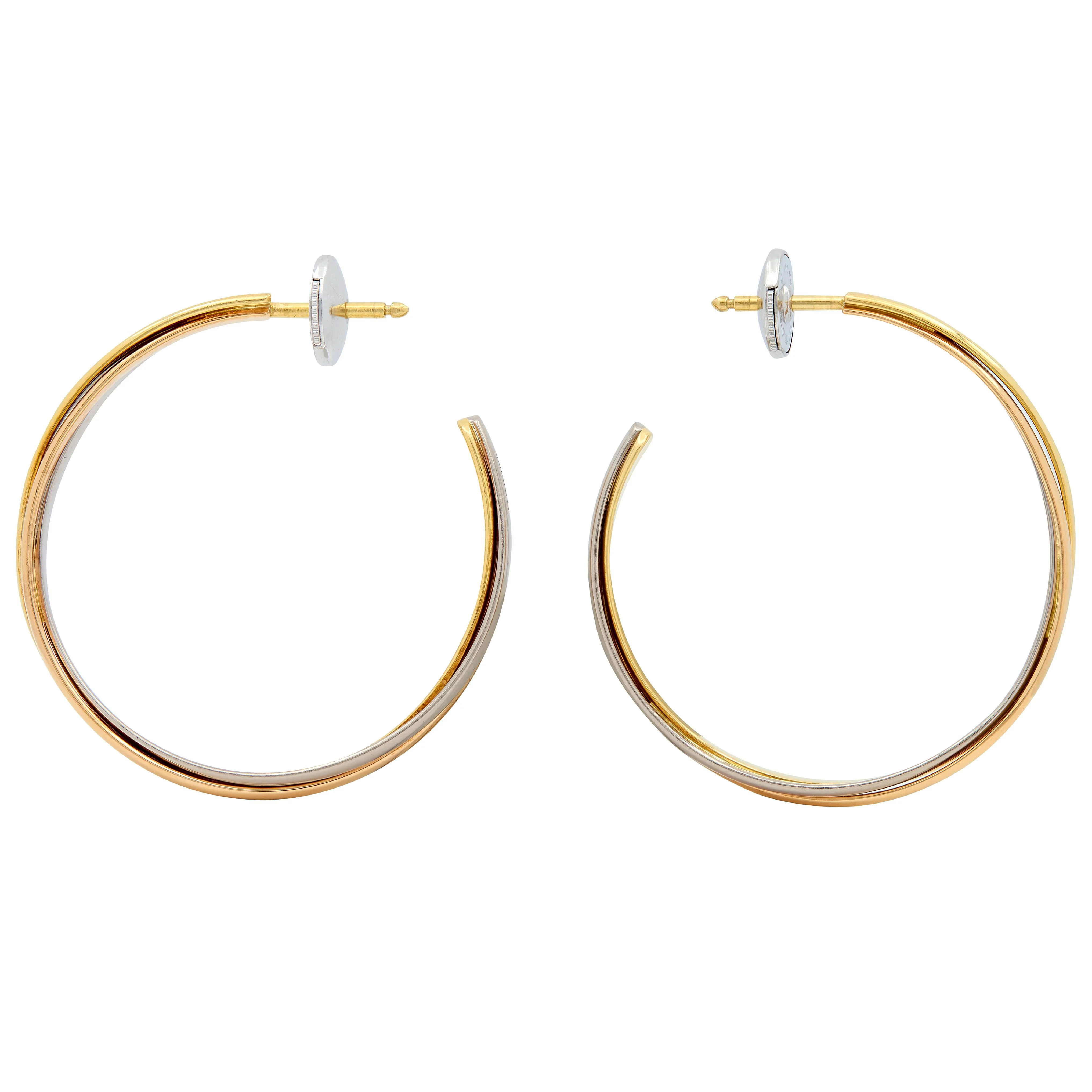 Cartier 18 Karat Tri-Colored Gold Contemporary Trinity Hoop Earrings - Image 3
