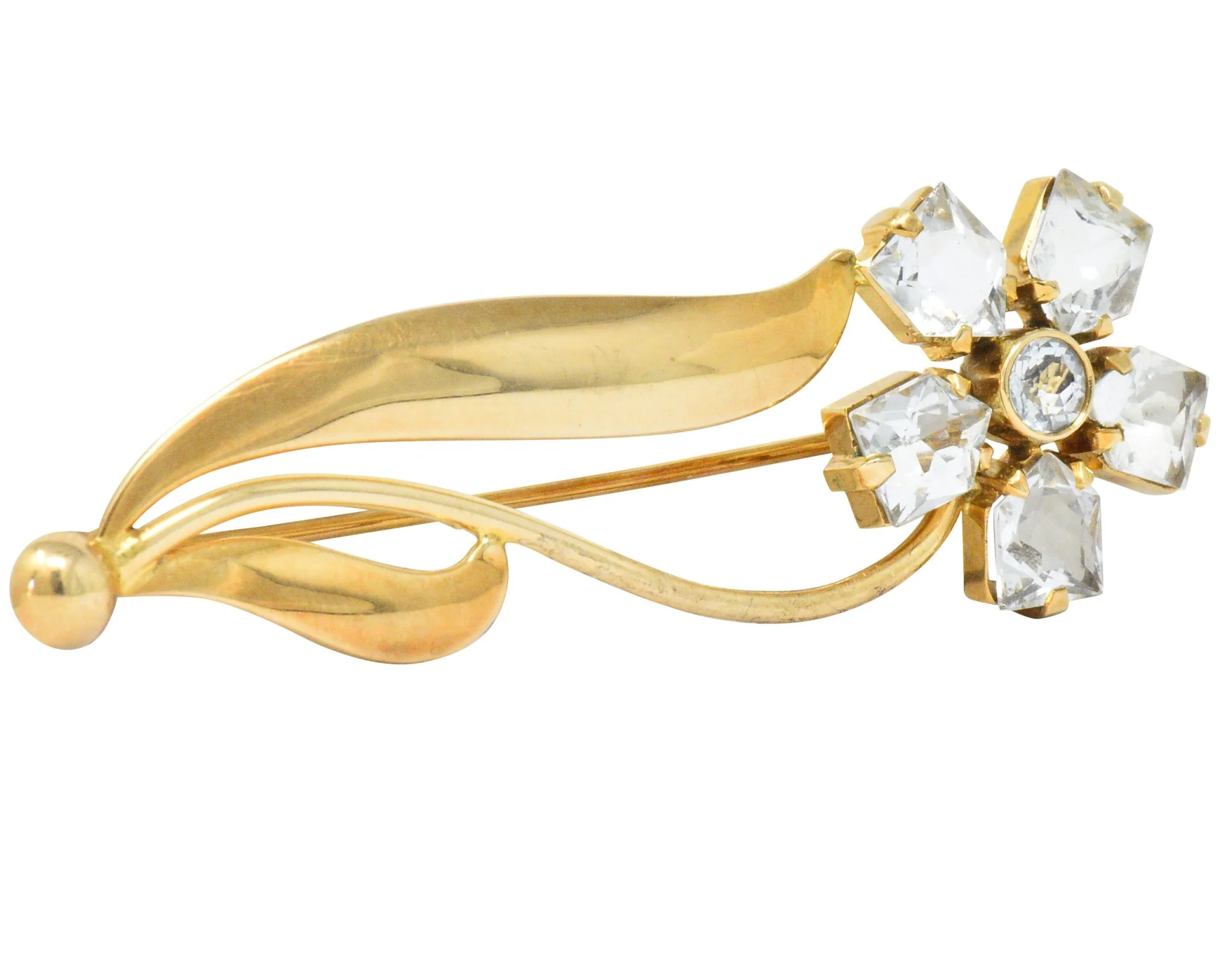 Cartier 1940's Retro Fancy Cut Aquamarine 14 Karat Gold Flower Brooch - Image 3