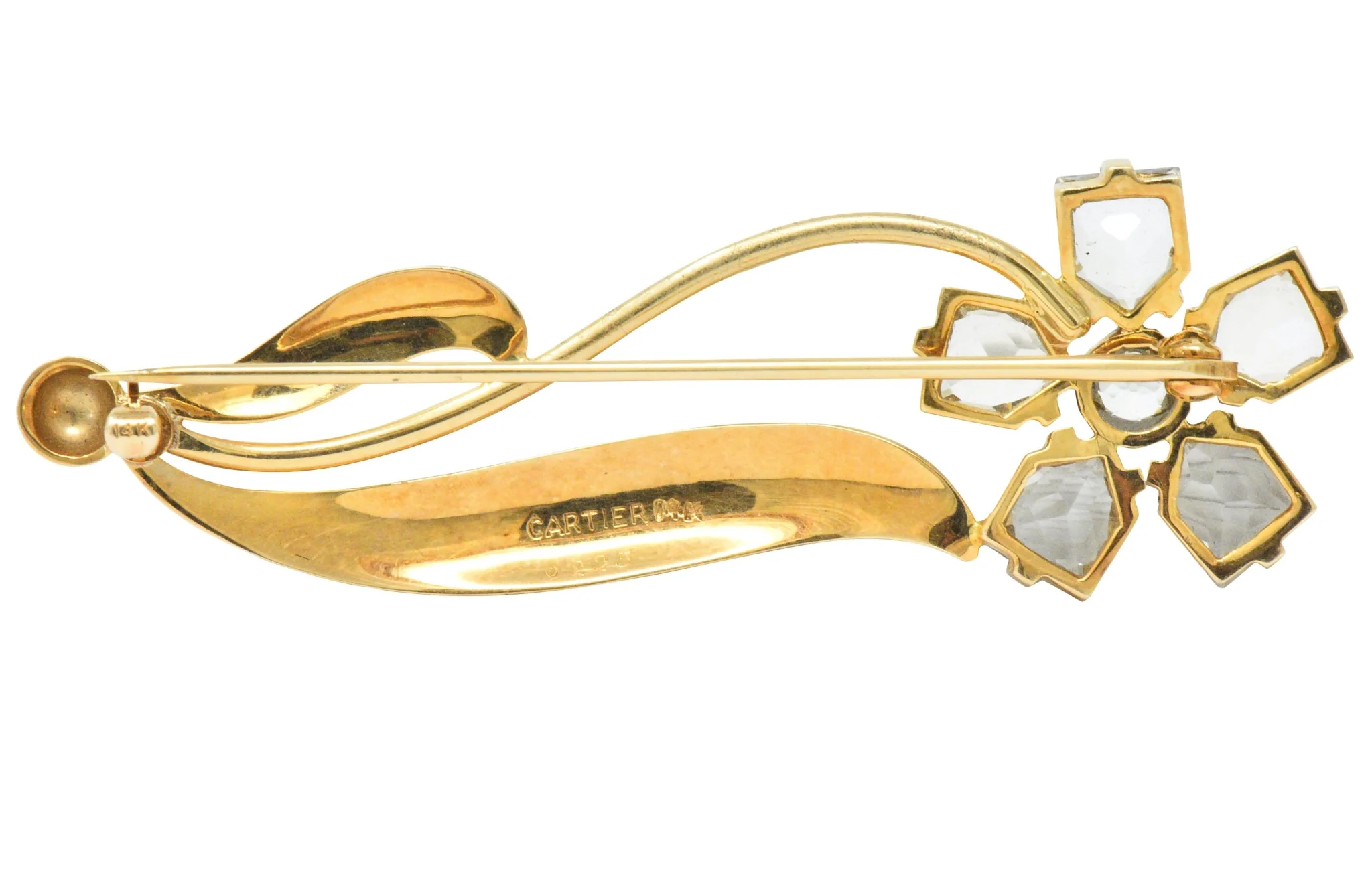 Cartier 1940's Retro Fancy Cut Aquamarine 14 Karat Gold Flower Brooch - Image 4