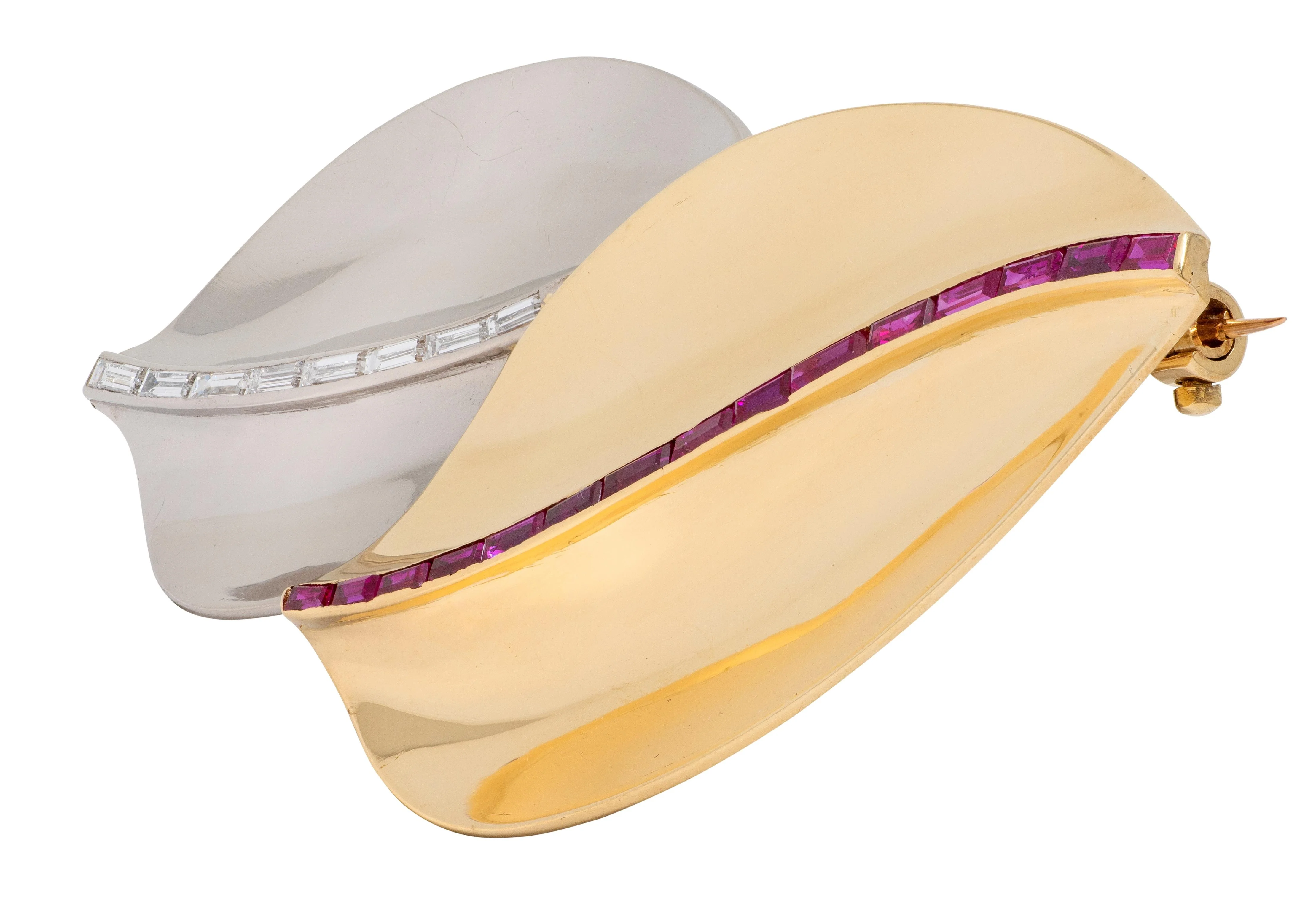 Cartier 1950's 2.05 CTW Diamond Ruby 18 Karat Two-Tone Gold Vintage Leaf Brooch - Image 3