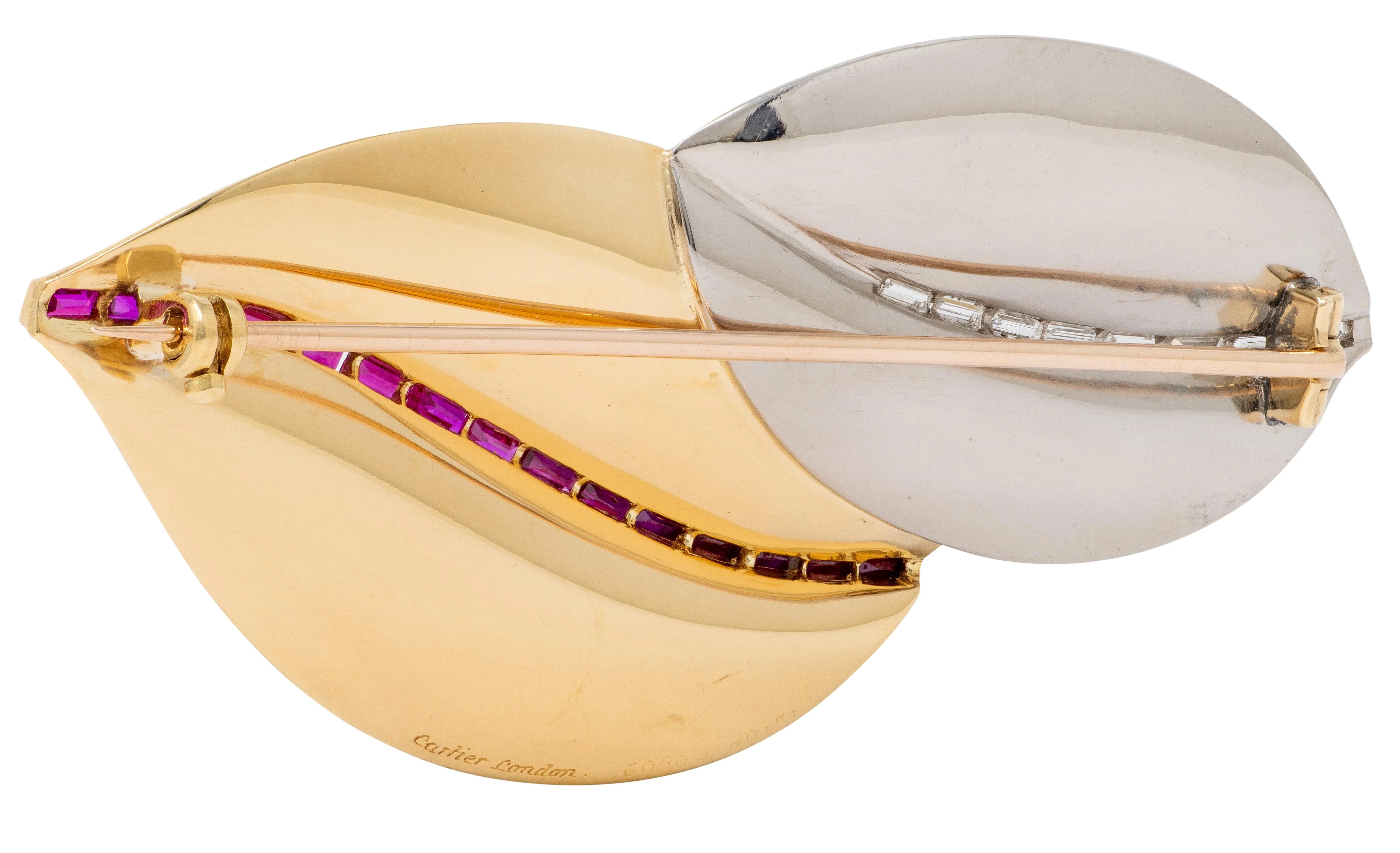 Cartier 1950's 2.05 CTW Diamond Ruby 18 Karat Two-Tone Gold Vintage Leaf Brooch - Image 4