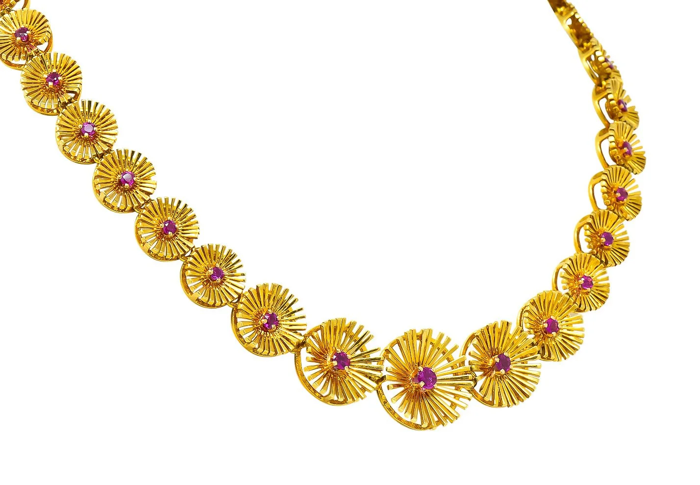 Cartier 1950's Retro Ruby 18 Karat Yellow Gold Flower Disc Collar Necklace - Image 4