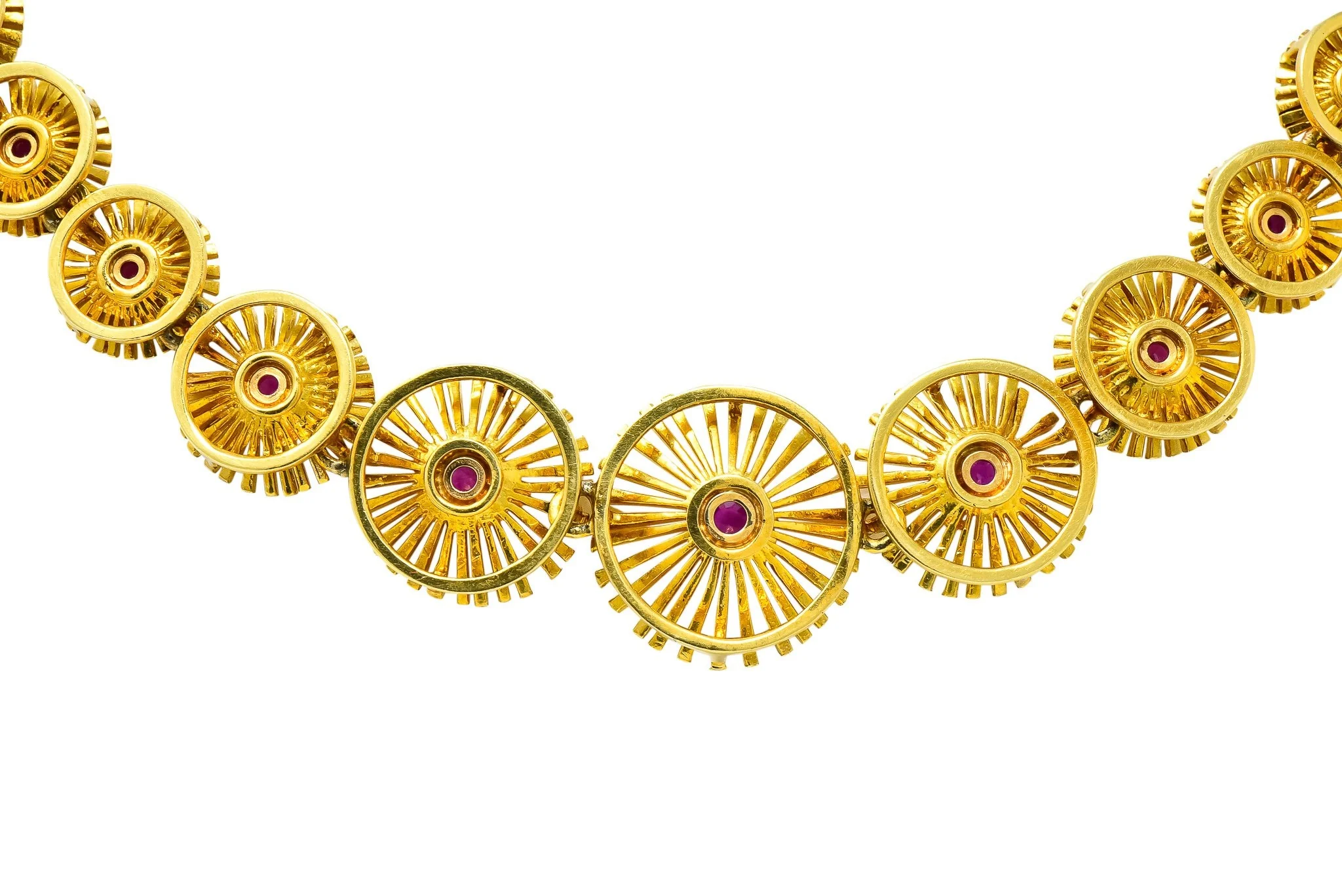 Cartier 1950's Retro Ruby 18 Karat Yellow Gold Flower Disc Collar Necklace - Image 9