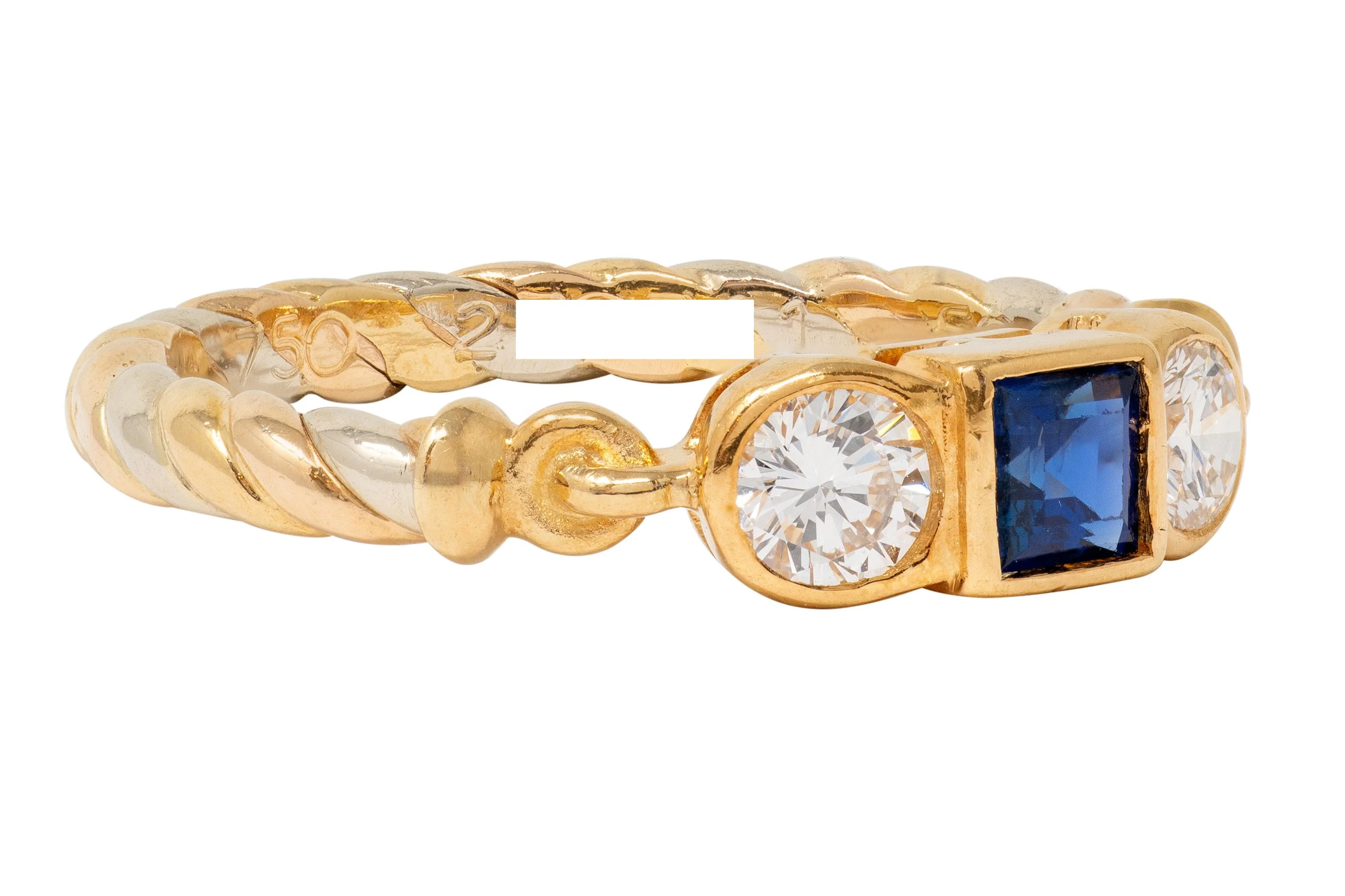 Cartier 1990's Sapphire Diamond 18 Karat Two-Tone Gold Vintage Three Stone Ring - Image 3