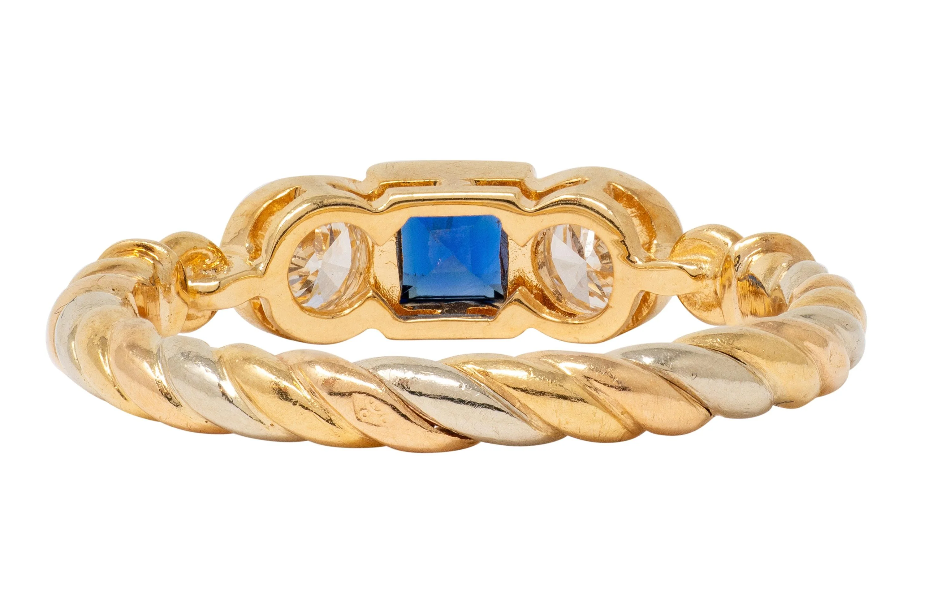 Cartier 1990's Sapphire Diamond 18 Karat Two-Tone Gold Vintage Three Stone Ring - Image 4