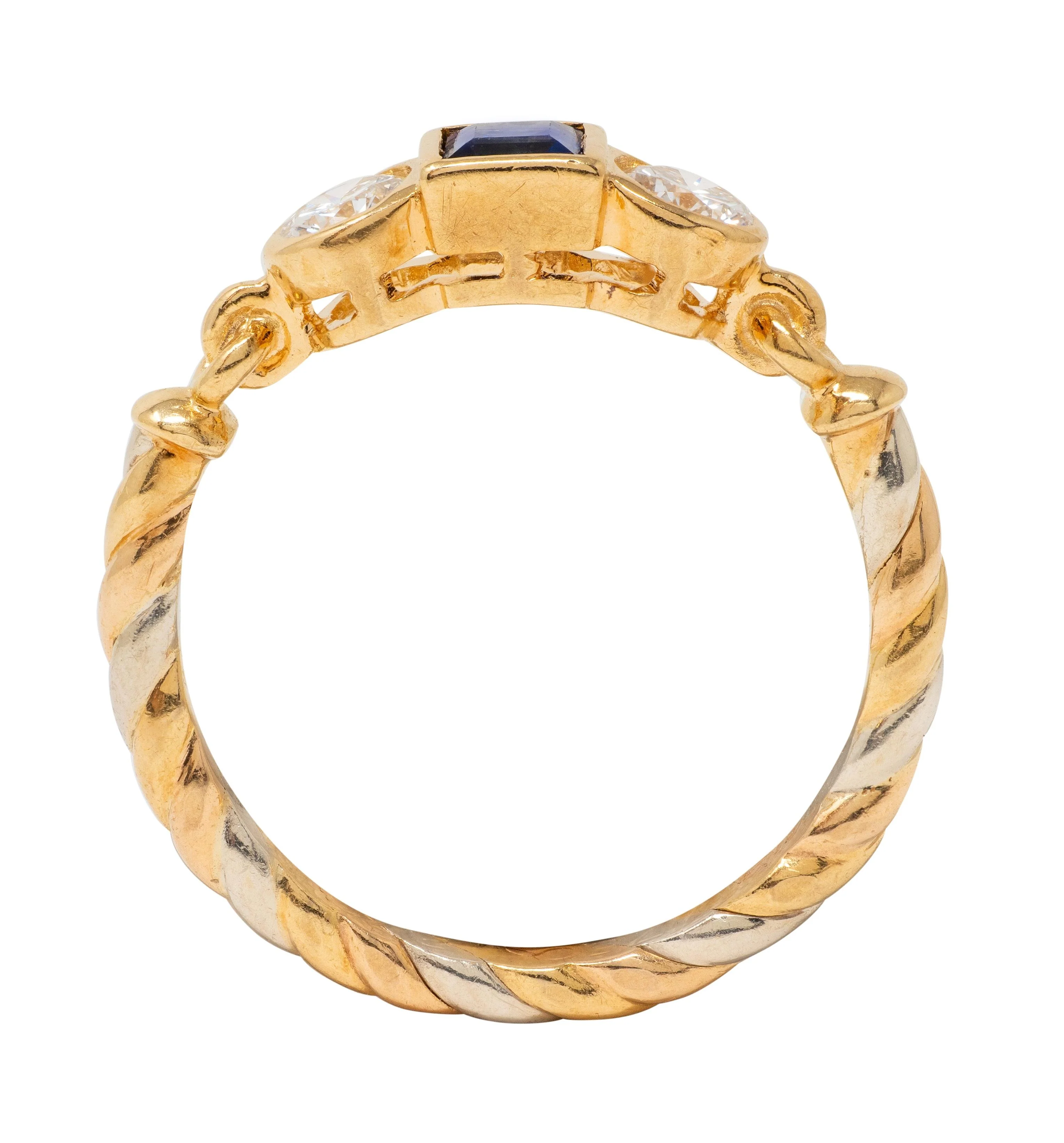 Cartier 1990's Sapphire Diamond 18 Karat Two-Tone Gold Vintage Three Stone Ring - Image 9