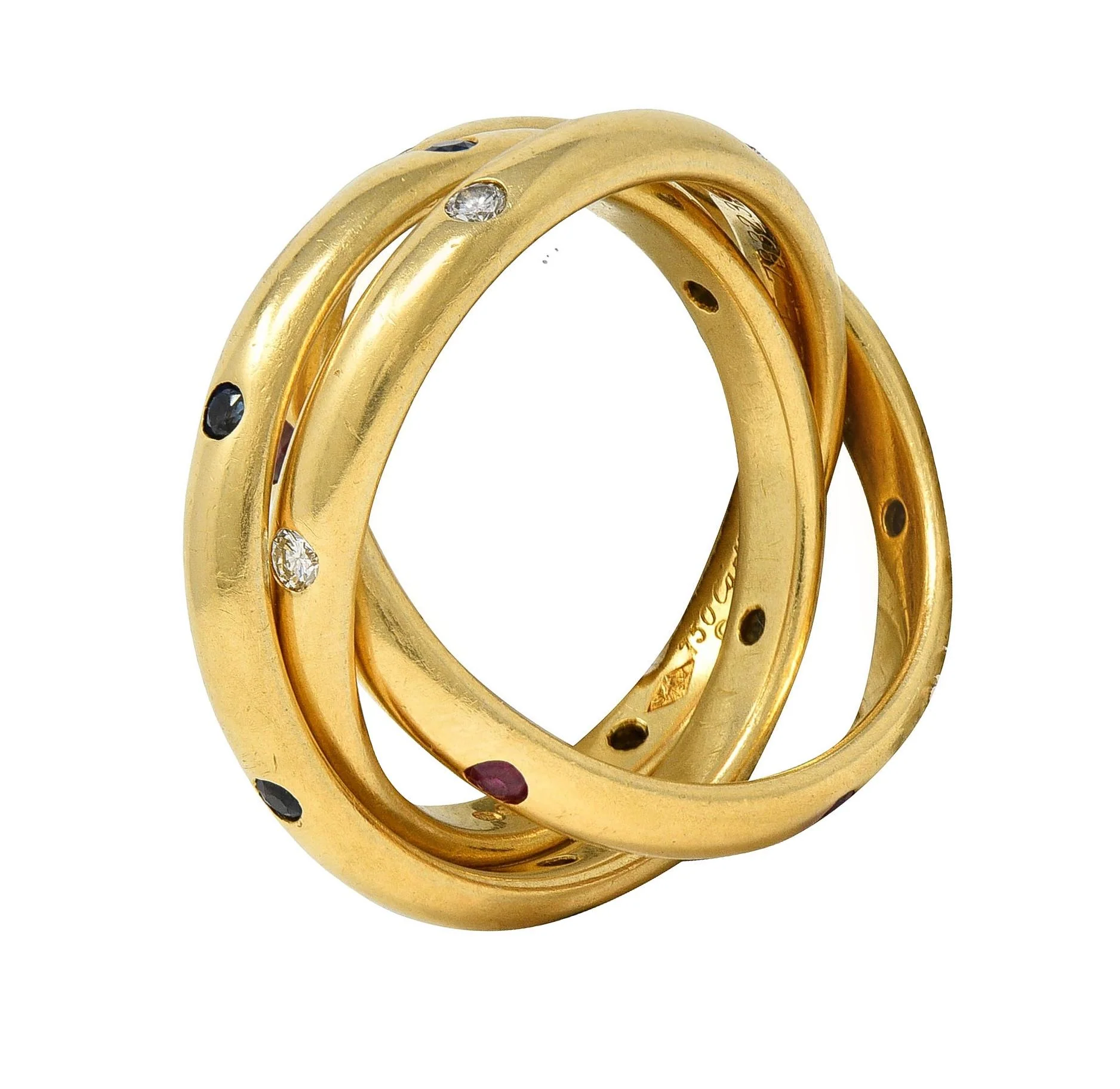 Cartier 1995 French Diamond Sapphire Ruby 18 Karat Yellow Gold Vintage Rolling Band Ring - Image 2