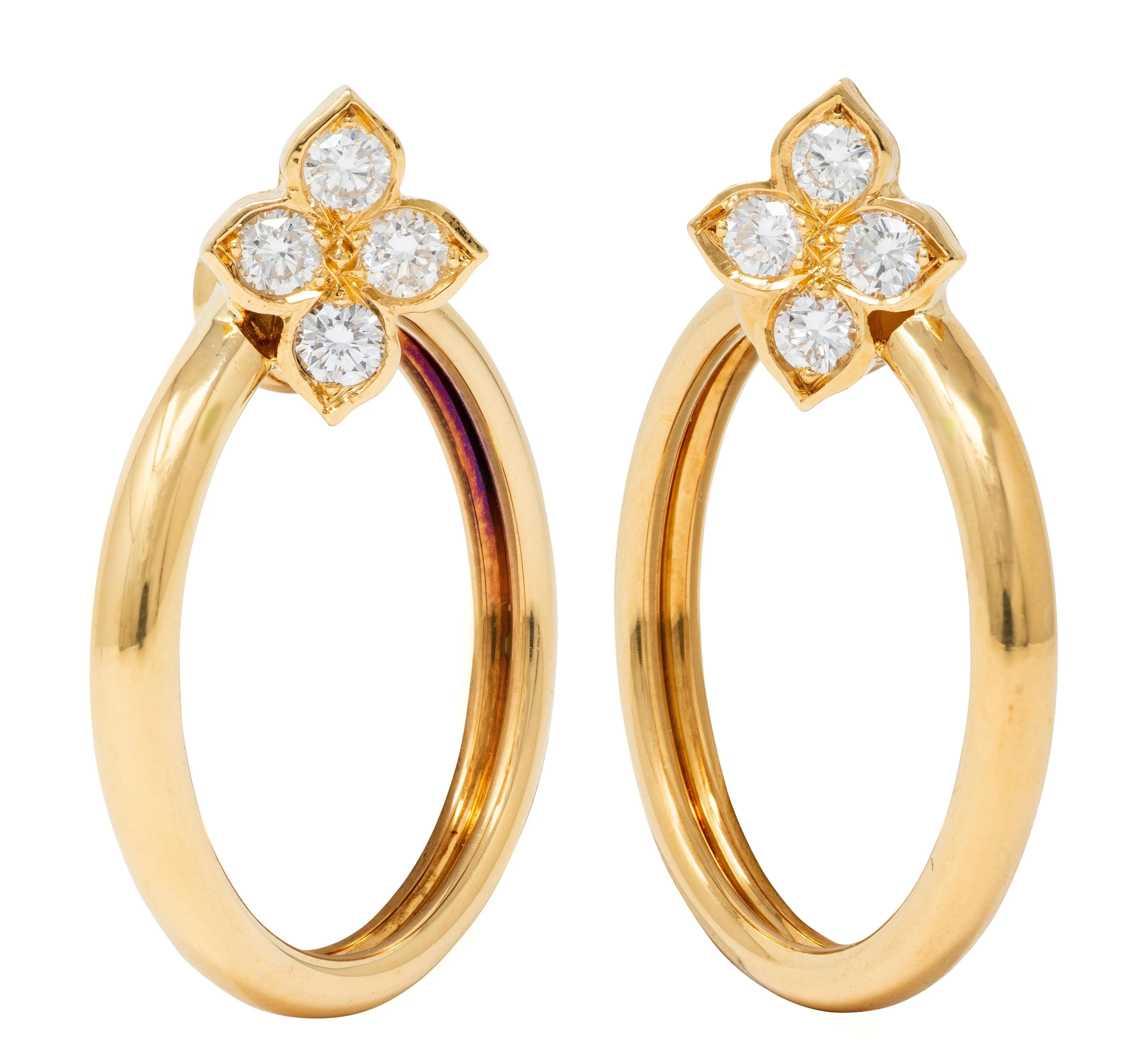 Cartier 2000's Diamond 18 Karat Yellow Gold Vintage Hindu Floral Hoop Ear-Clip Earrings