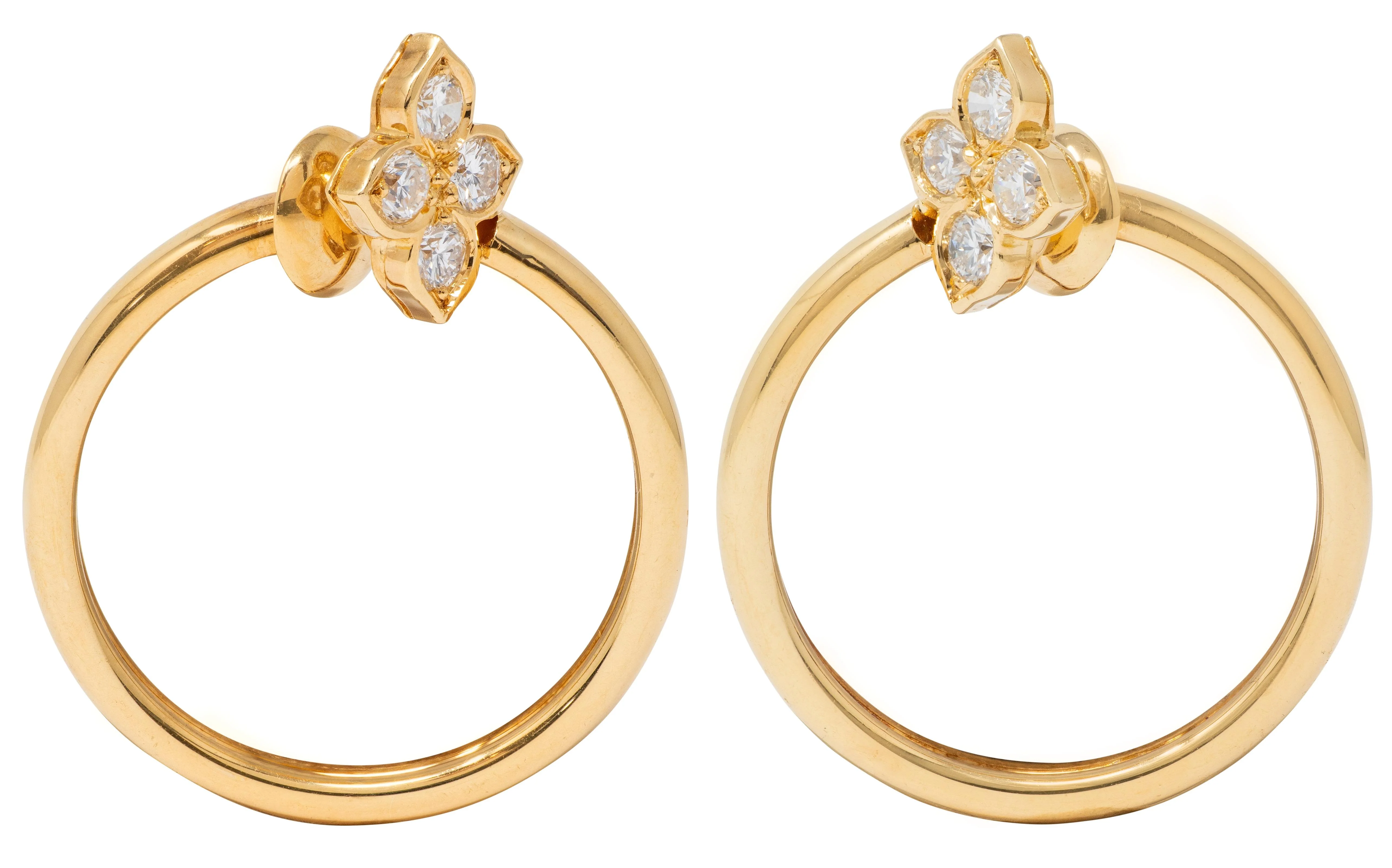 Cartier 2000's Diamond 18 Karat Yellow Gold Vintage Hindu Floral Hoop Ear-Clip Earrings - Image 3