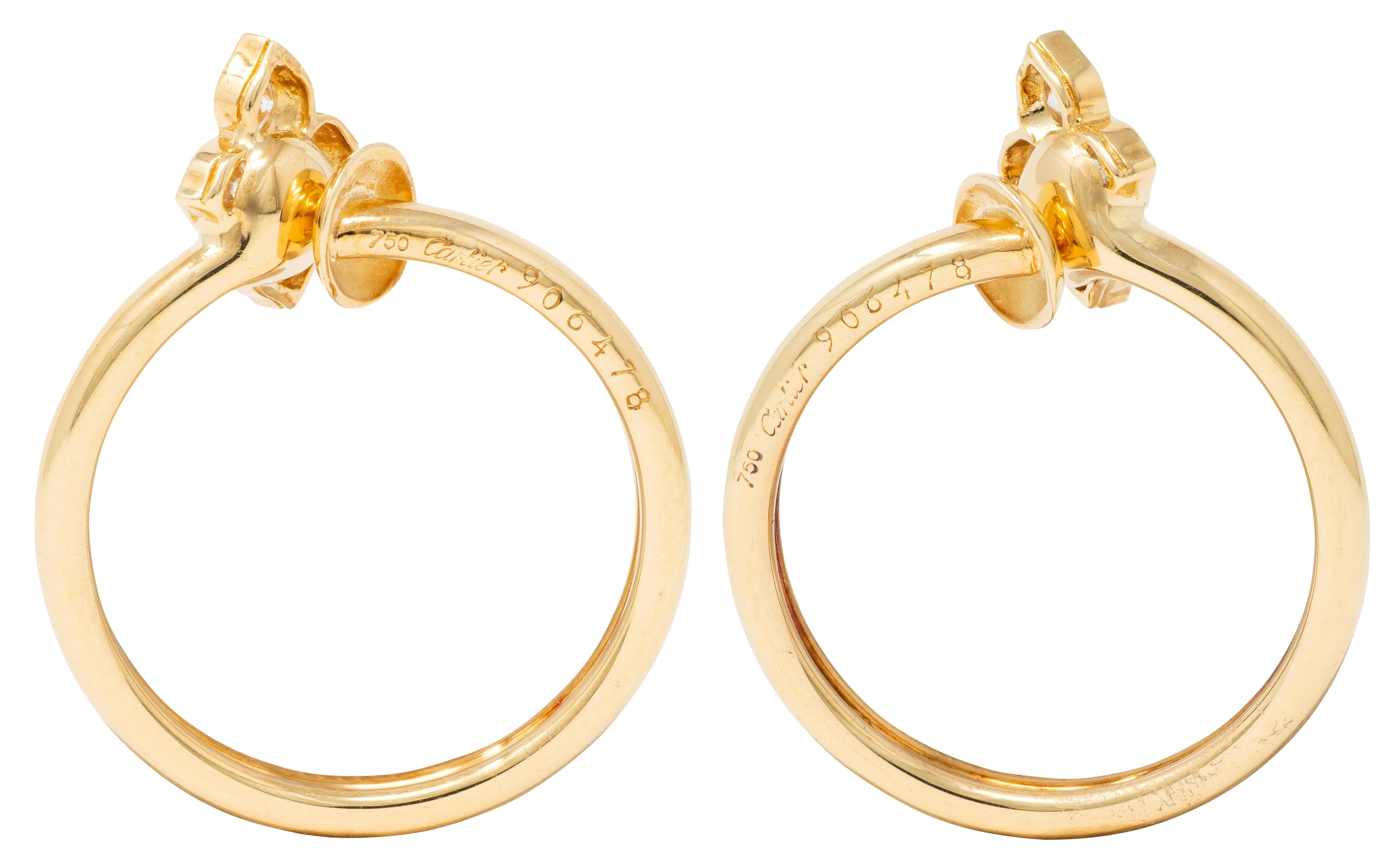 Cartier 2000's Diamond 18 Karat Yellow Gold Vintage Hindu Floral Hoop Ear-Clip Earrings - Image 4