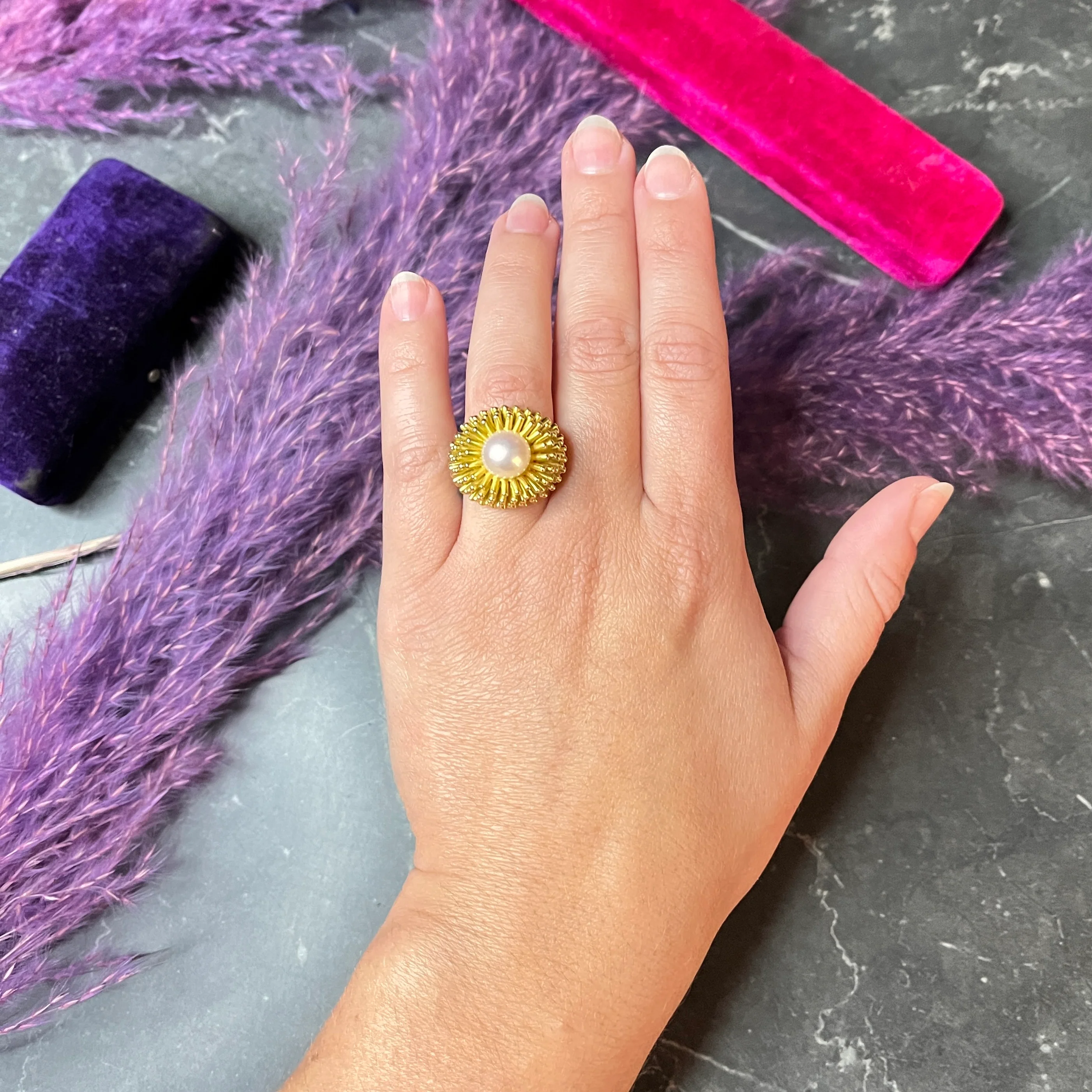 Cartier France 1960's Pearl 18 Karat Yellow Gold Organic Burst Vintage Ring - Image 11