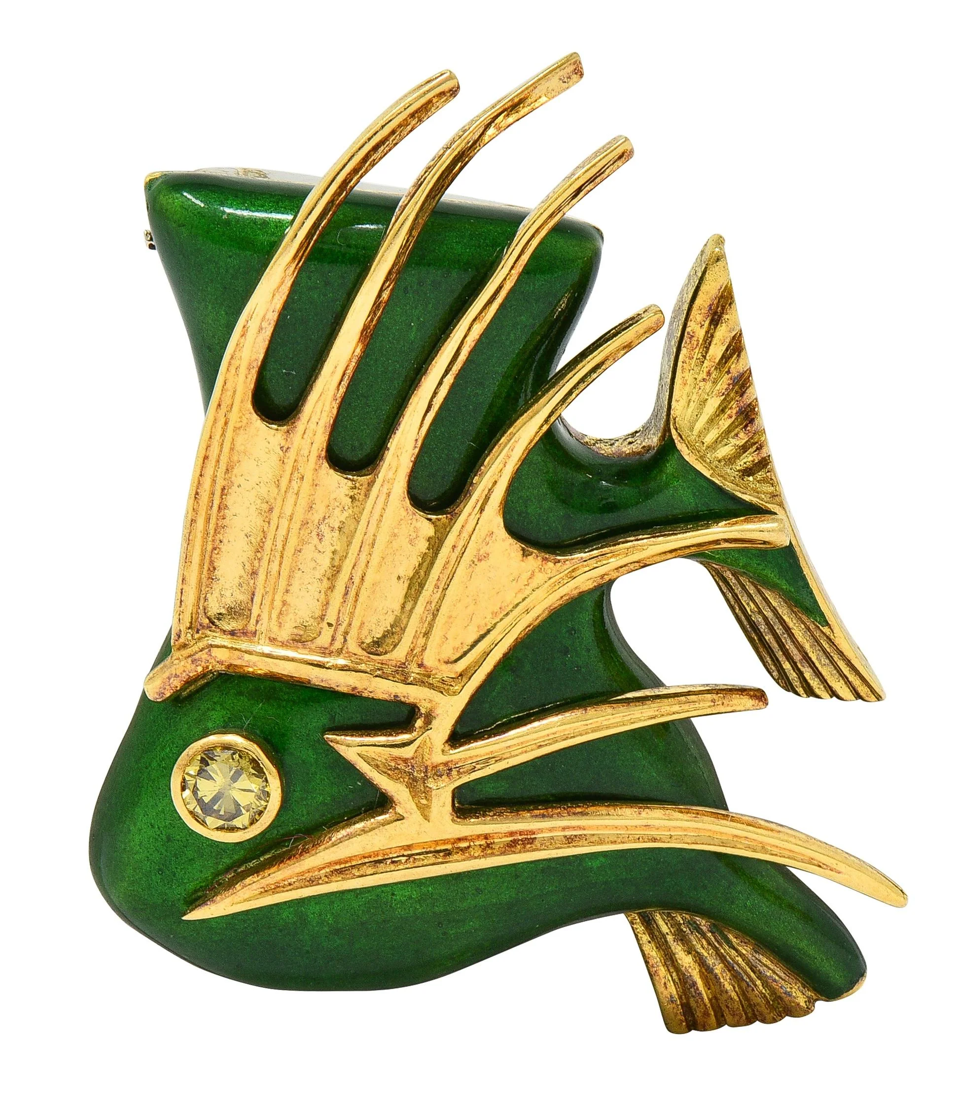 Cartier French 1960's Diamond Enamel 18 Karat Yellow Gold Vintage Tropical Fish Brooch