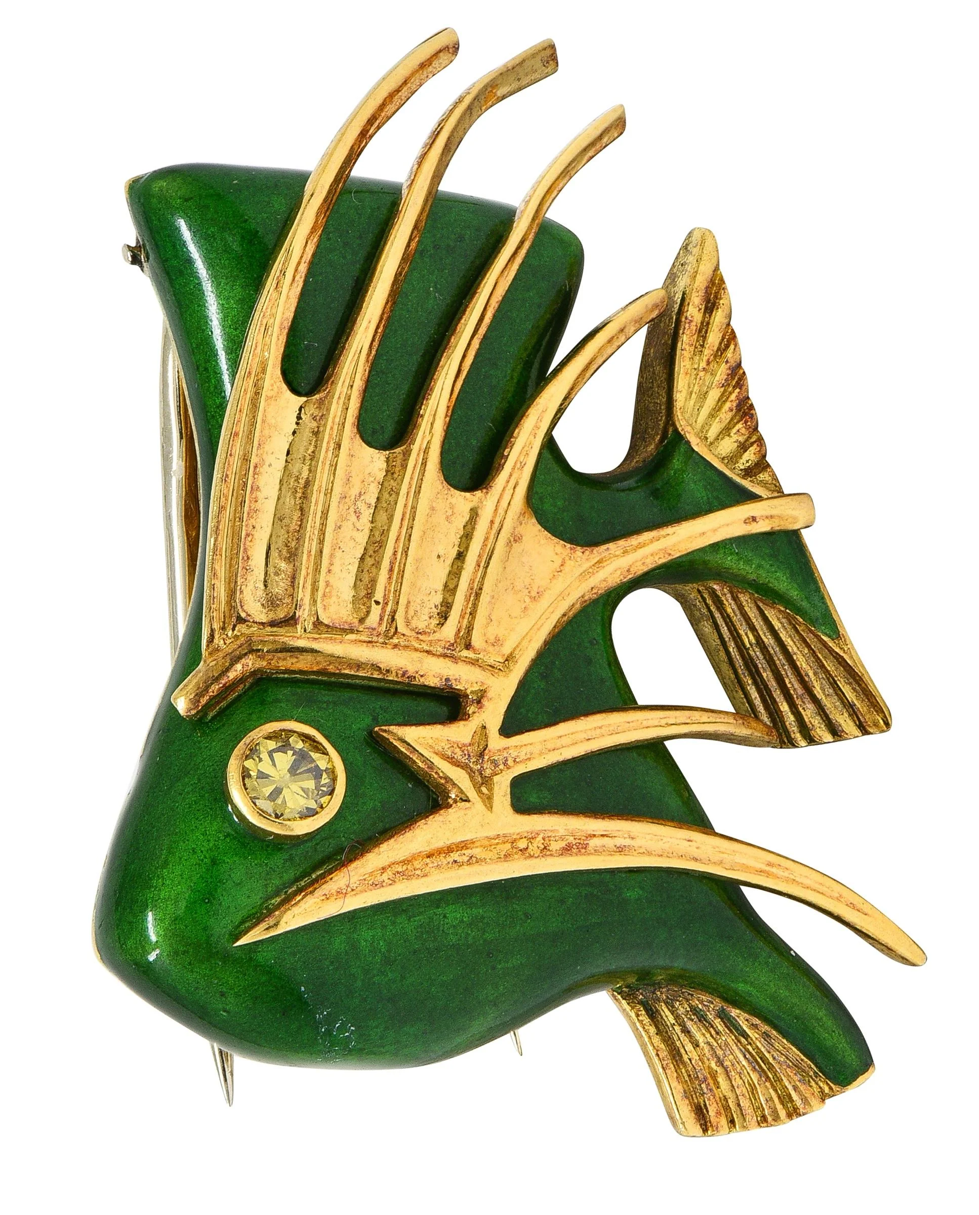 Cartier French 1960's Diamond Enamel 18 Karat Yellow Gold Vintage Tropical Fish Brooch - Image 8