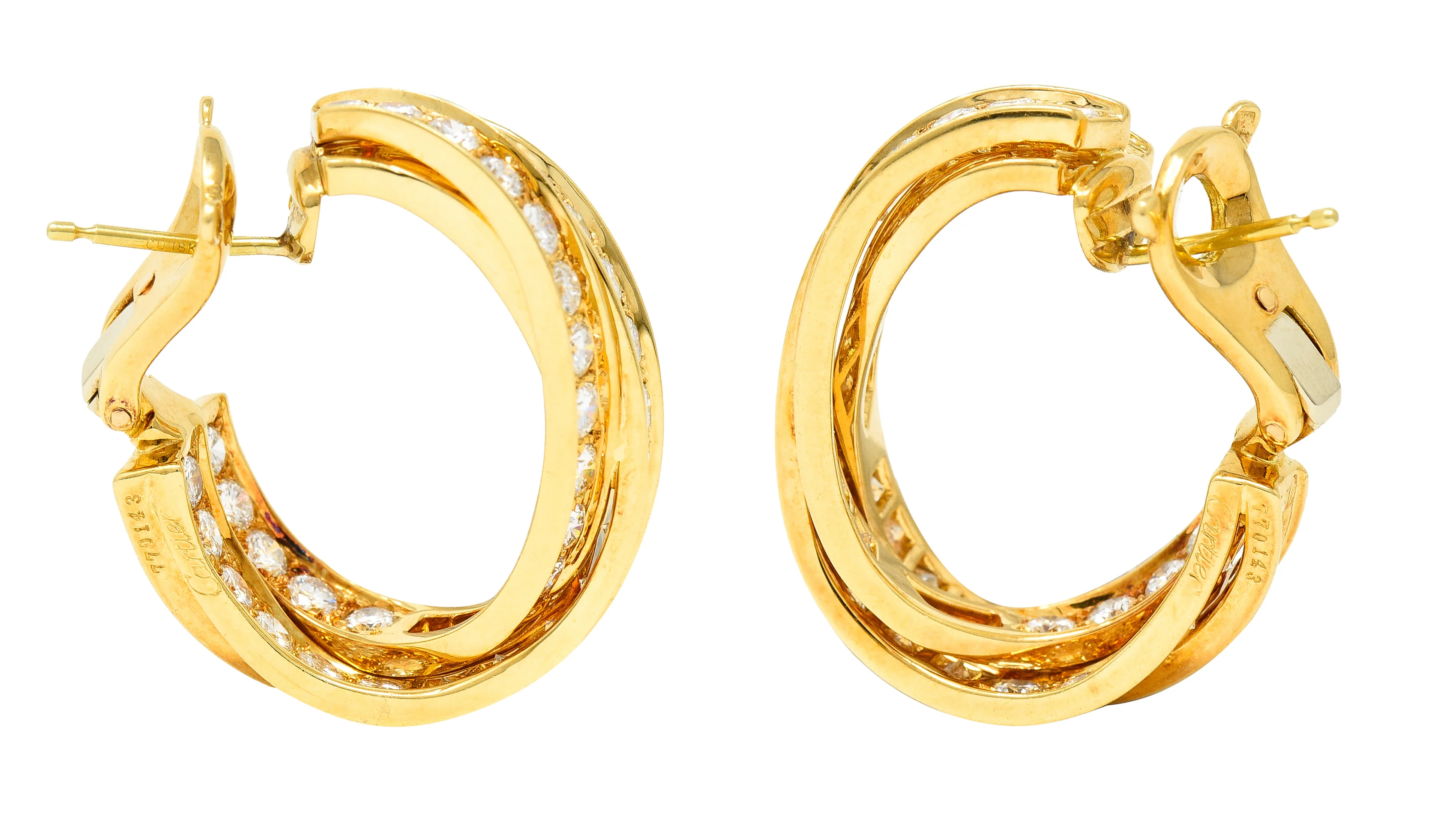 Cartier French 1990's 6.15 CTW Diamond 18 Karat Yellow Gold Twisting Trinity Inside/Outside J-Hoop Vintage Earrings - Image 10