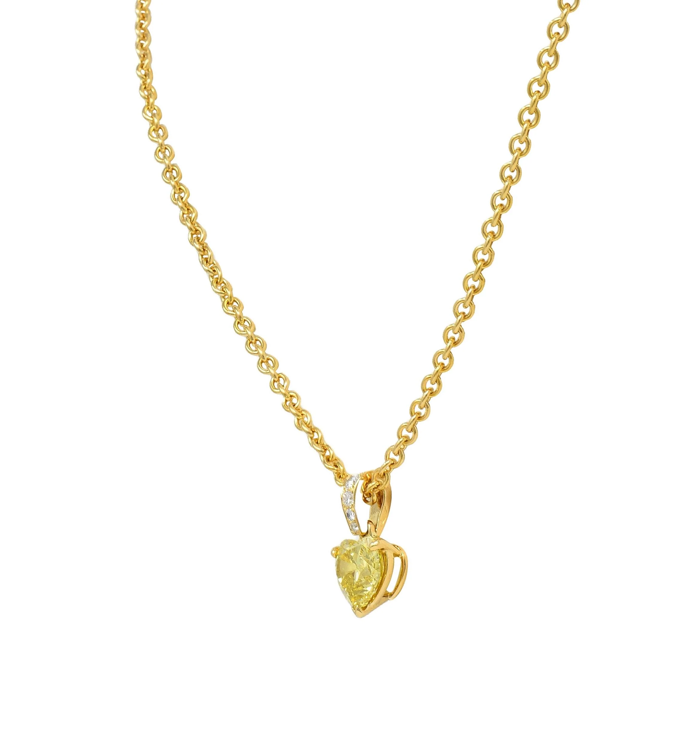 Cartier French 2.33 CTW Fancy Intense Yellow Heart Cut Diamond 18 Karat Yellow Gold Pendant Necklace GIA - Image 4