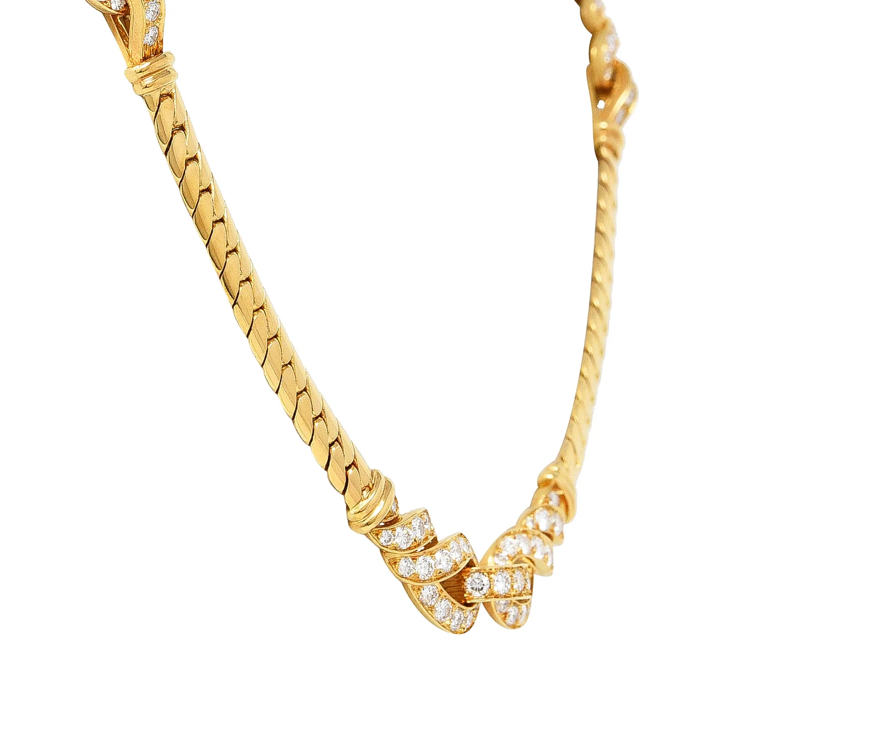 Cartier French 3.12 CTW Diamond 18 Karat Yellow Gold Agrafe Herringbone Twisted Rope Vintage Station Collar Necklace - Image 14