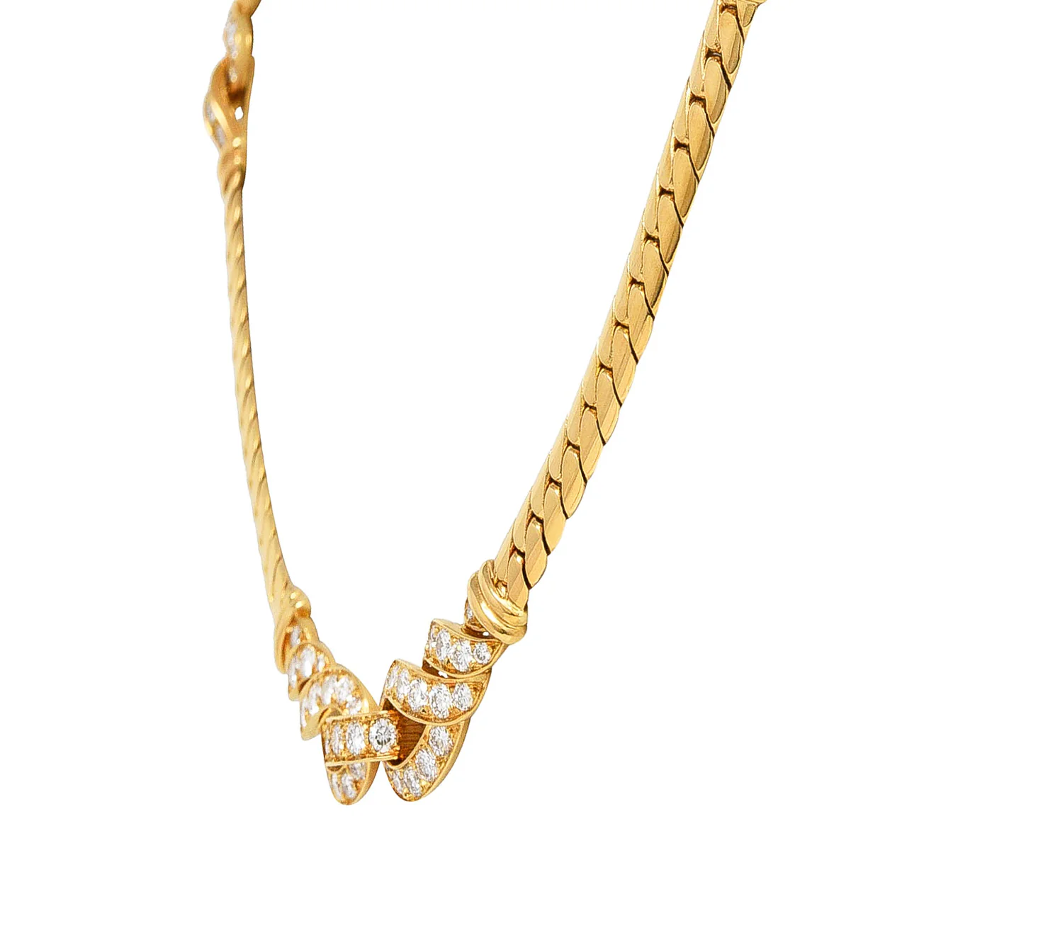 Cartier French 3.12 CTW Diamond 18 Karat Yellow Gold Agrafe Herringbone Twisted Rope Vintage Station Collar Necklace - Image 3