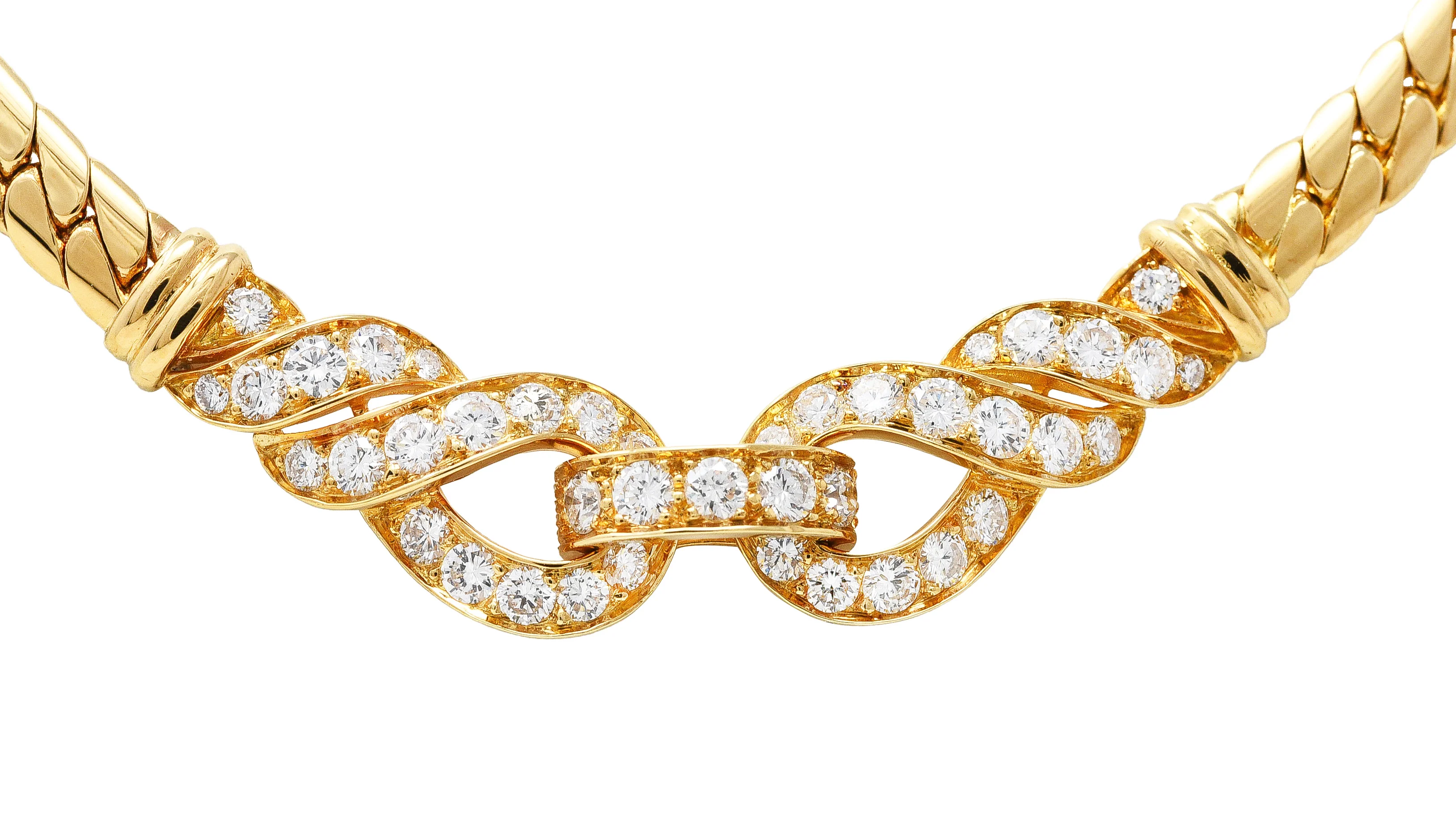 Cartier French 3.12 CTW Diamond 18 Karat Yellow Gold Agrafe Herringbone Twisted Rope Vintage Station Collar Necklace - Image 5