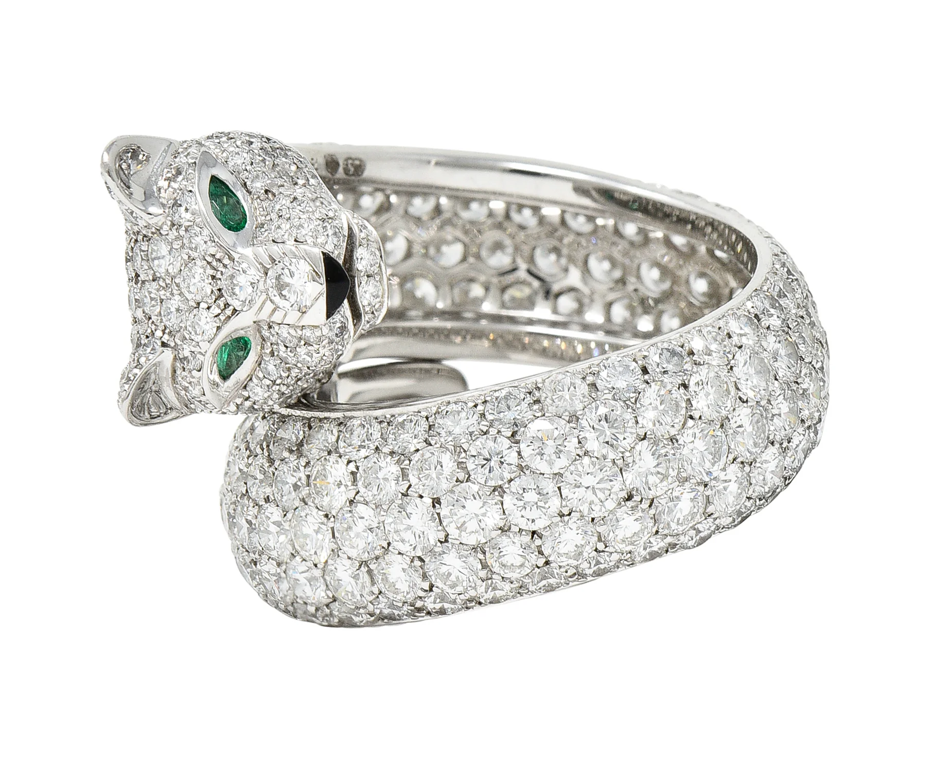Cartier French 6.57 CTW Diamond Emerald 18 Karat White Gold Panthere Bypass Ring - Image 2