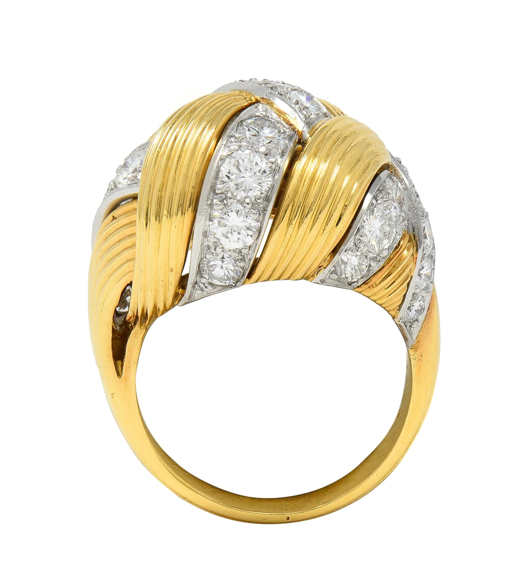 Cartier French Mid-Century 2.55 CTW Diamond Platinum 18 Karat Yellow Gold Vintage Woven Dome Ring - Image 3