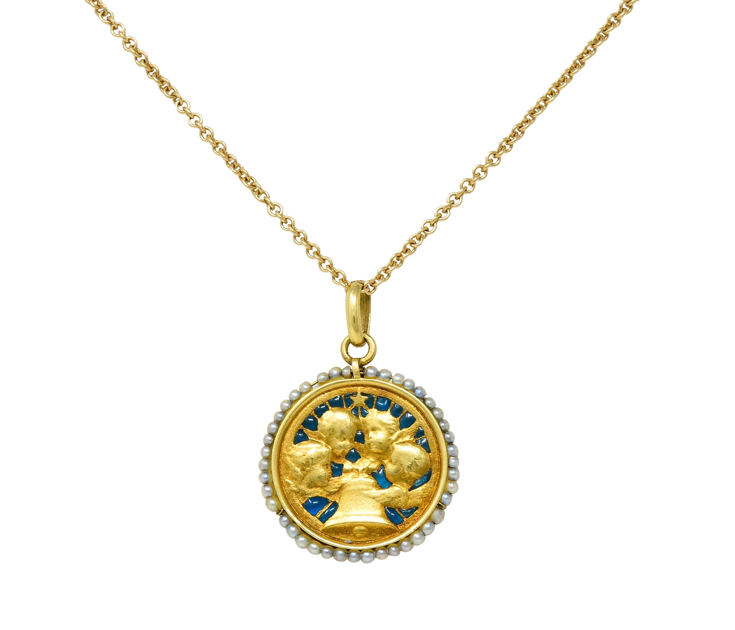 Cartier French Victorian Seed Pearl Plique-A-Jour Enamel 18 Karat Yellow Gold Christening Medallion Antique Pendant Necklace - Image 12