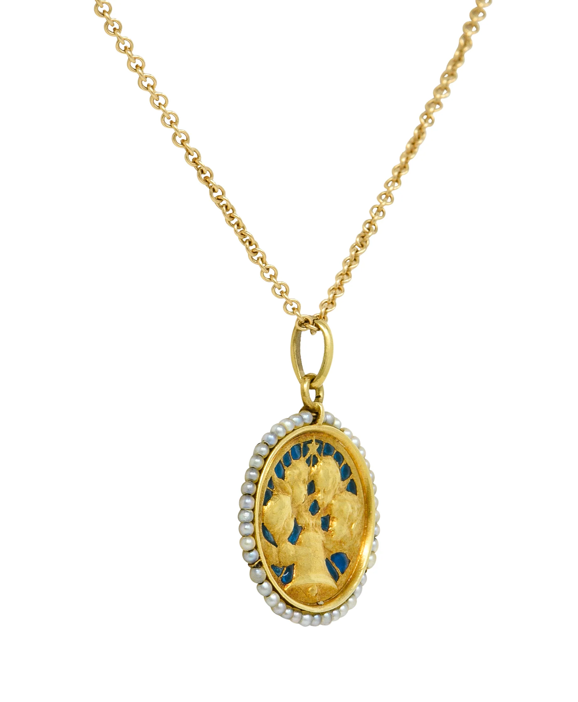 Cartier French Victorian Seed Pearl Plique-A-Jour Enamel 18 Karat Yellow Gold Christening Medallion Antique Pendant Necklace - Image 5
