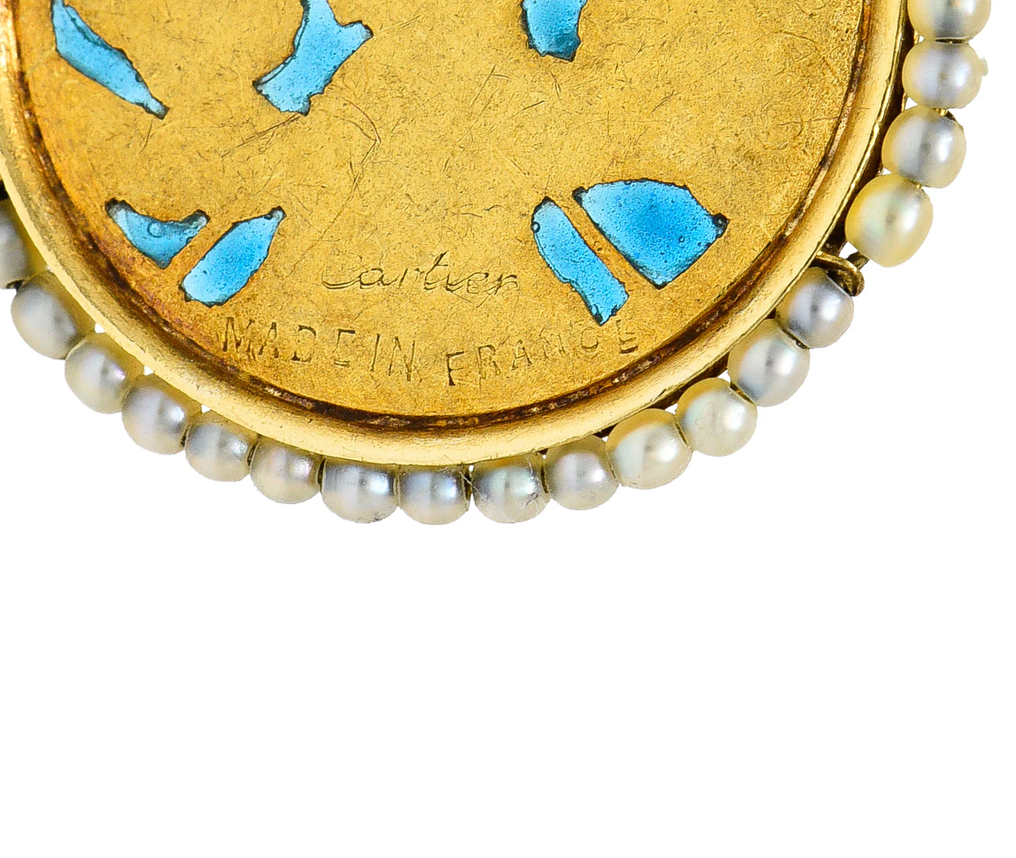 Cartier French Victorian Seed Pearl Plique-A-Jour Enamel 18 Karat Yellow Gold Christening Medallion Antique Pendant Necklace - Image 6