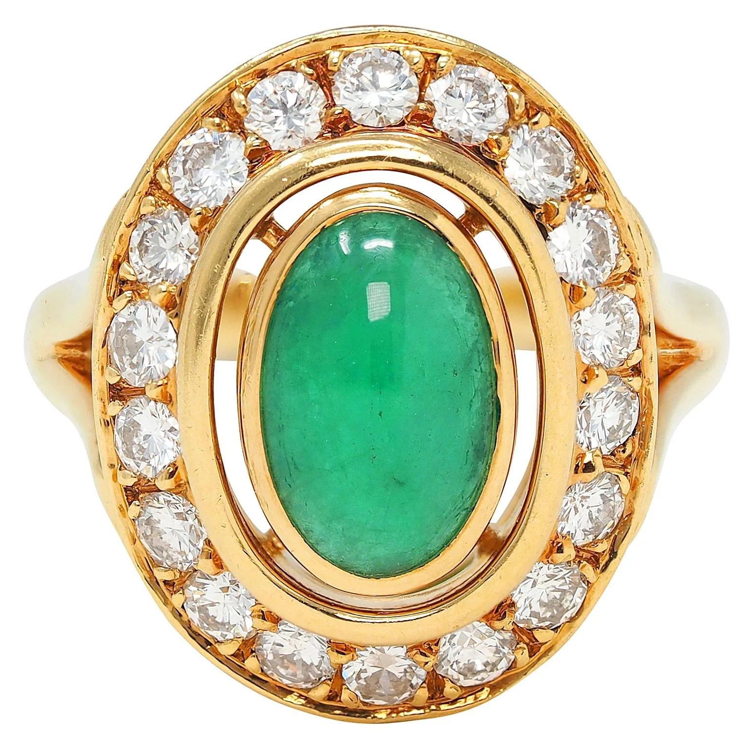 Cartier Paris 1960's Modern Cabochon Emerald Diamond 18 Karat Yellow Gold Vintage Halo Ring