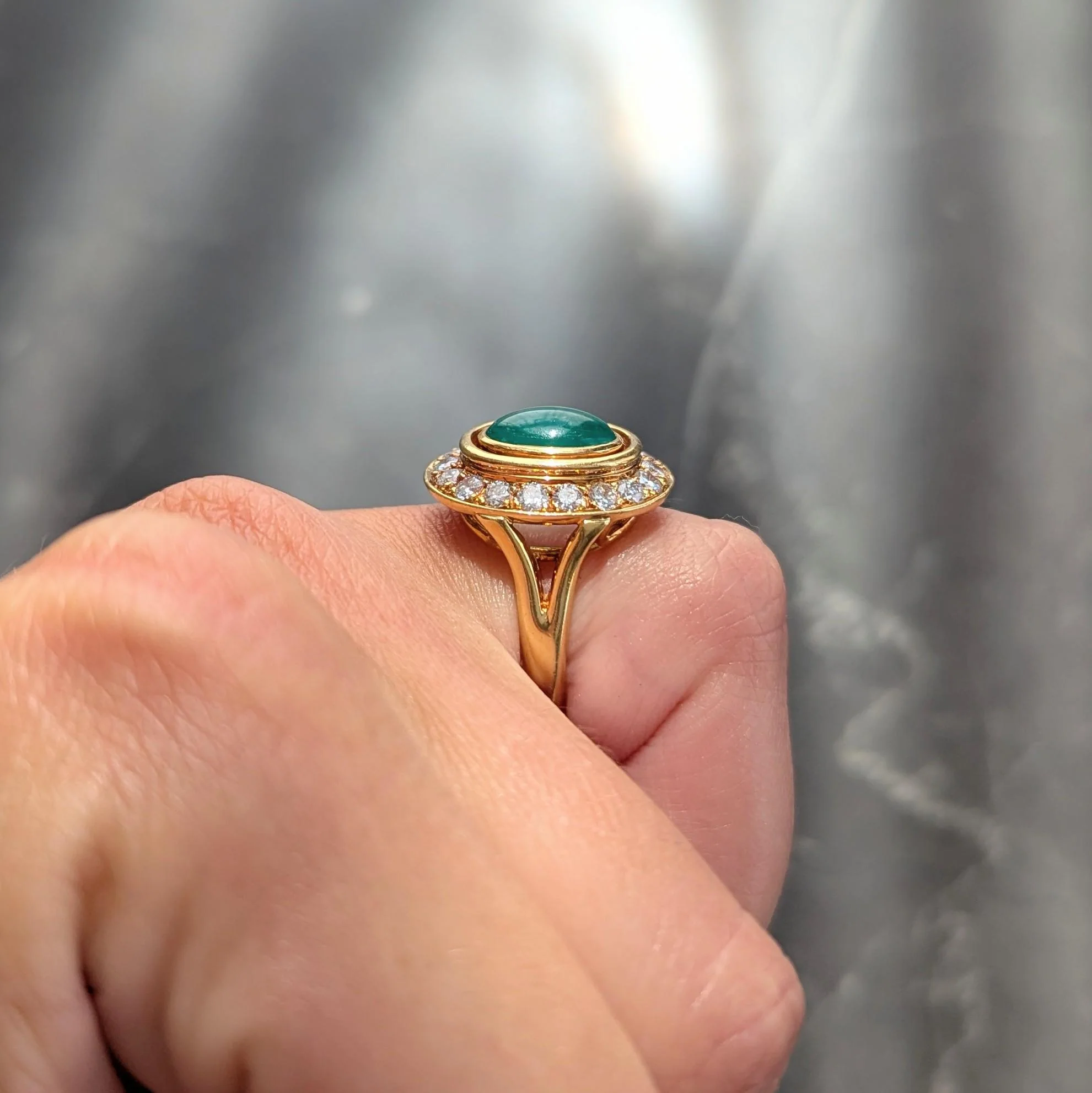 Cartier Paris 1960's Modern Cabochon Emerald Diamond 18 Karat Yellow Gold Vintage Halo Ring - Image 13