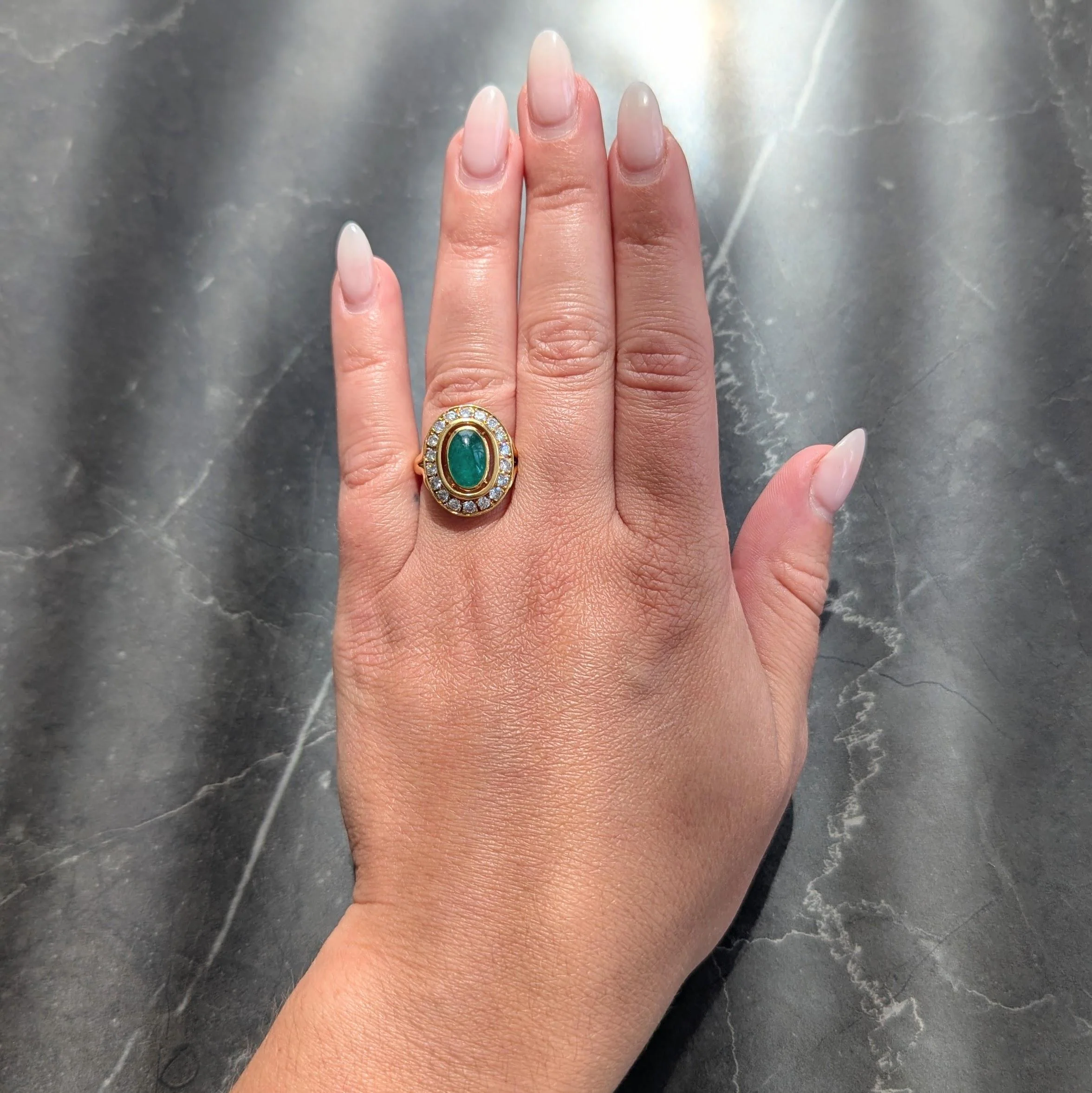 Cartier Paris 1960's Modern Cabochon Emerald Diamond 18 Karat Yellow Gold Vintage Halo Ring - Image 2