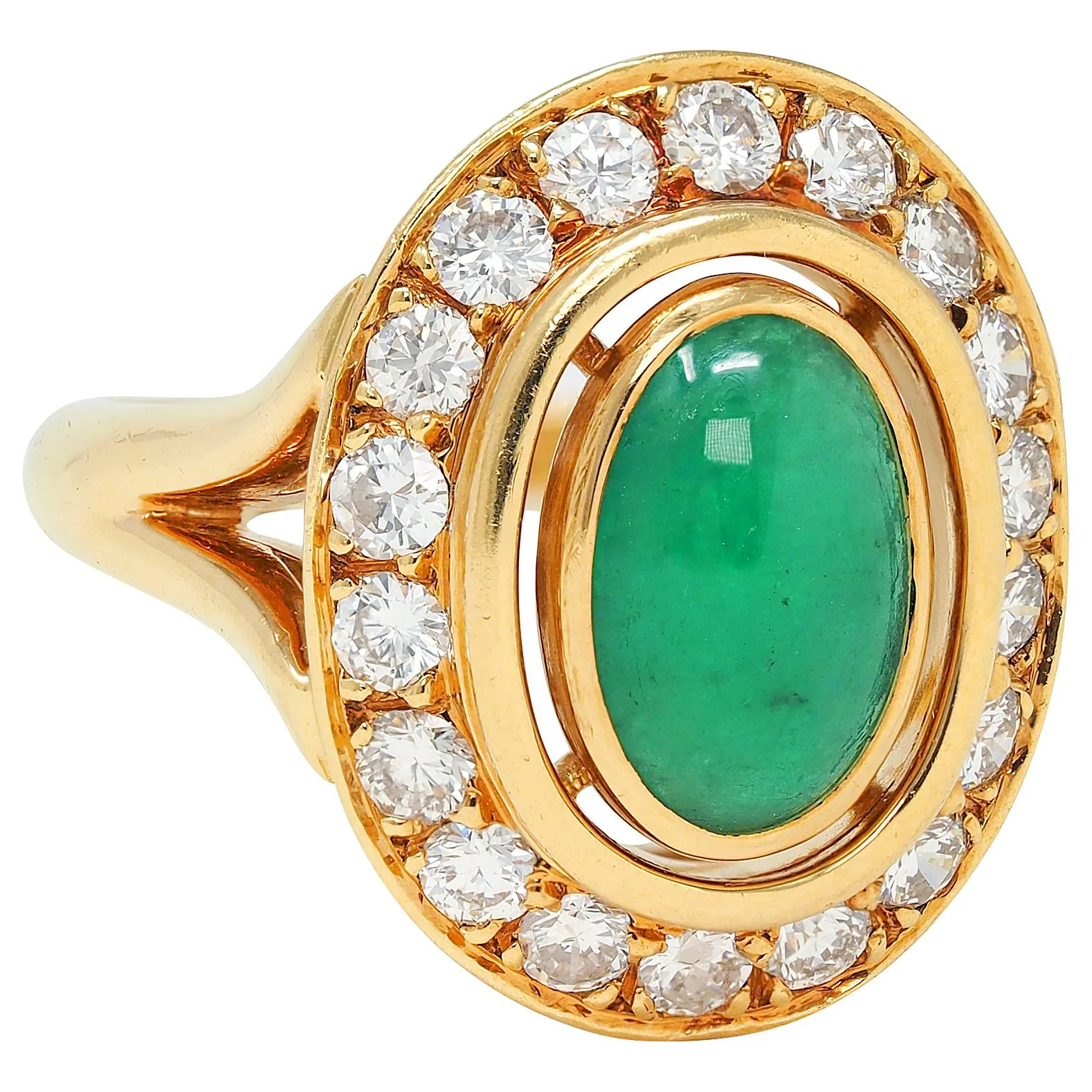 Cartier Paris 1960's Modern Cabochon Emerald Diamond 18 Karat Yellow Gold Vintage Halo Ring - Image 3