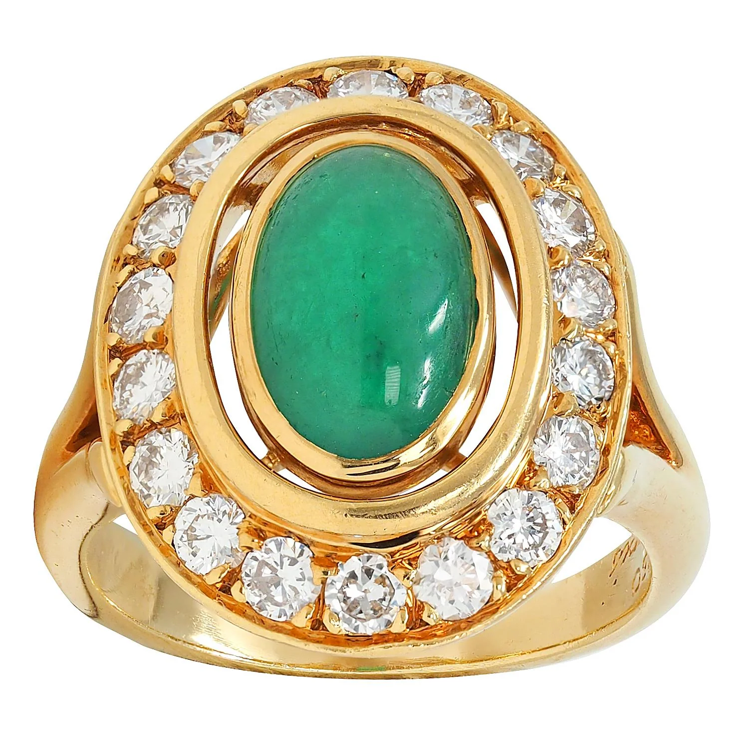 Cartier Paris 1960's Modern Cabochon Emerald Diamond 18 Karat Yellow Gold Vintage Halo Ring - Image 9