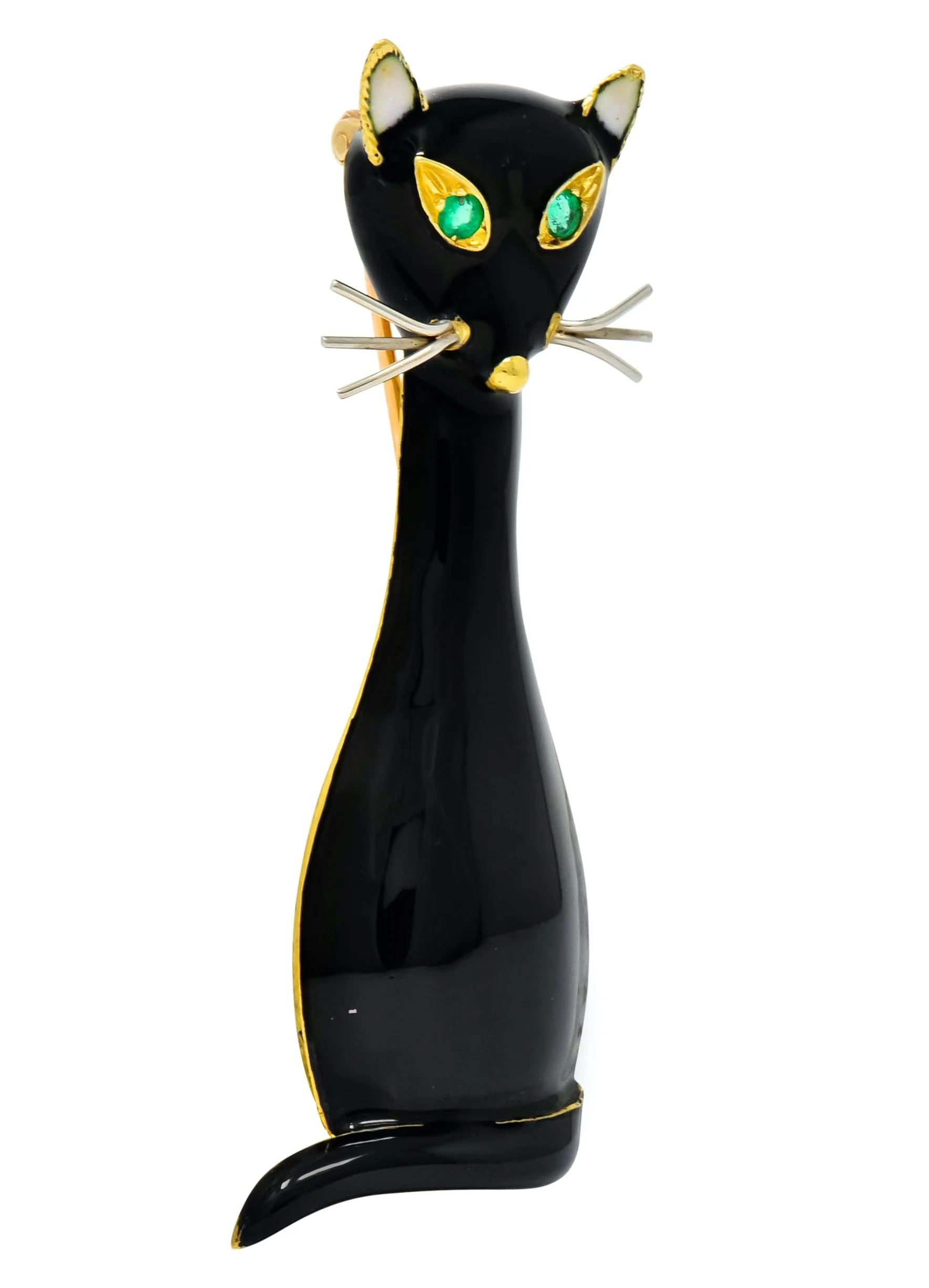 Cellino Retro Black Enamel Emerald 18 Karat Gold Cat Brooch - Image 2