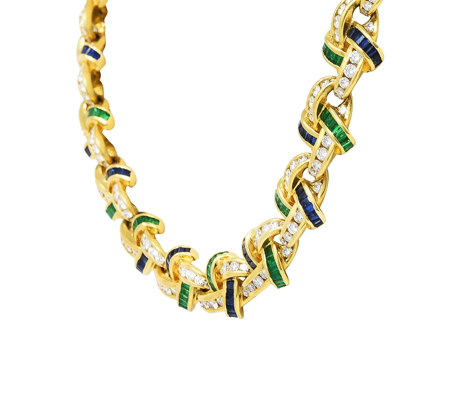 Charles Krypell 10.00 CTW Emerald Sapphire Diamond 18 Karat Gold Knot Link Necklace - Image 8