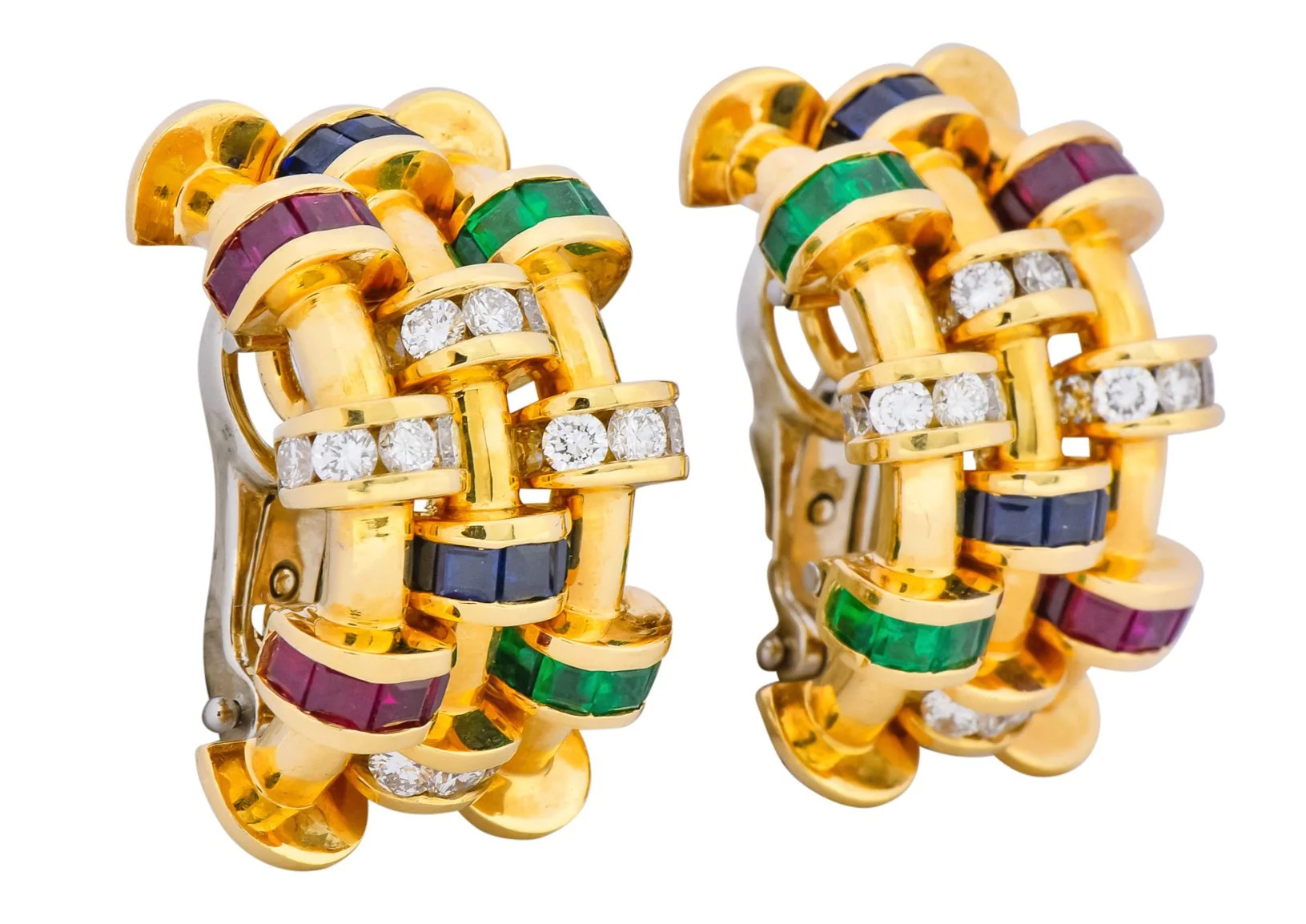 Charles Krypell 4.40 CTW Sapphire Ruby Emerald Diamond 18 Karat Gold Ear-Clip Earrings - Image 3